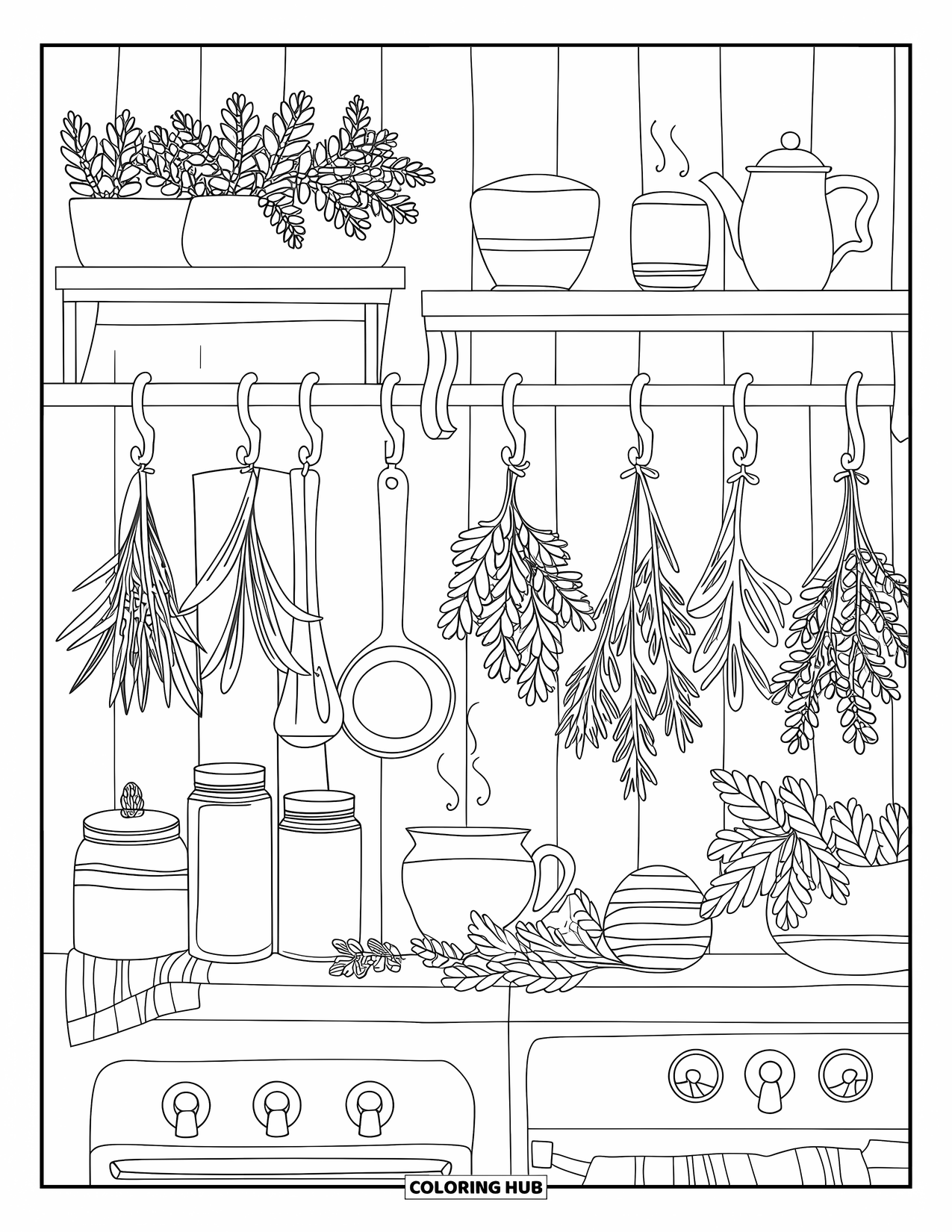 Home Coloring Page for Adults: A cozy kitchen with herbs, jars, and a rustic wooden wall