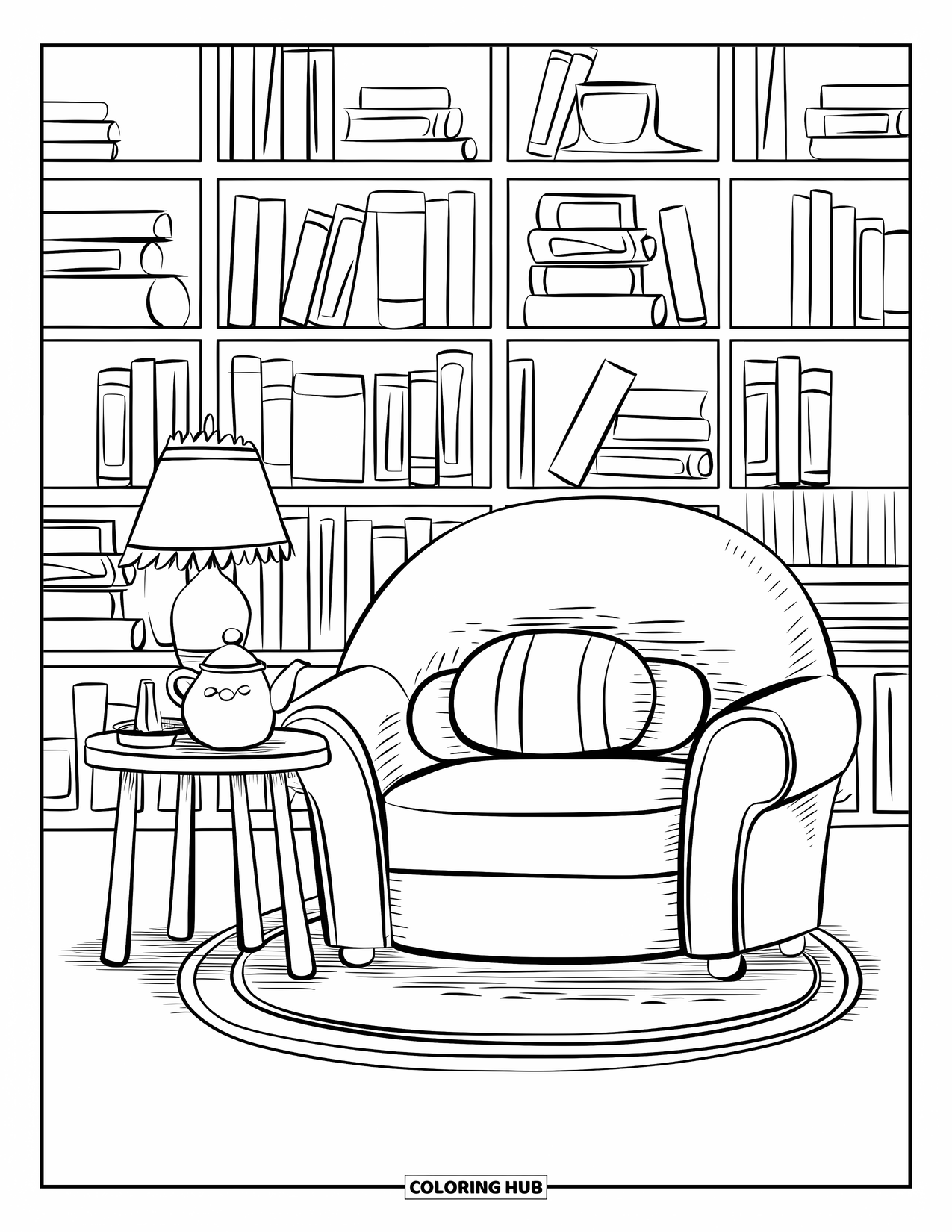 Home Coloring Page for Adults: A cozy living room with a sofa, tea, lamps, and books on shelves