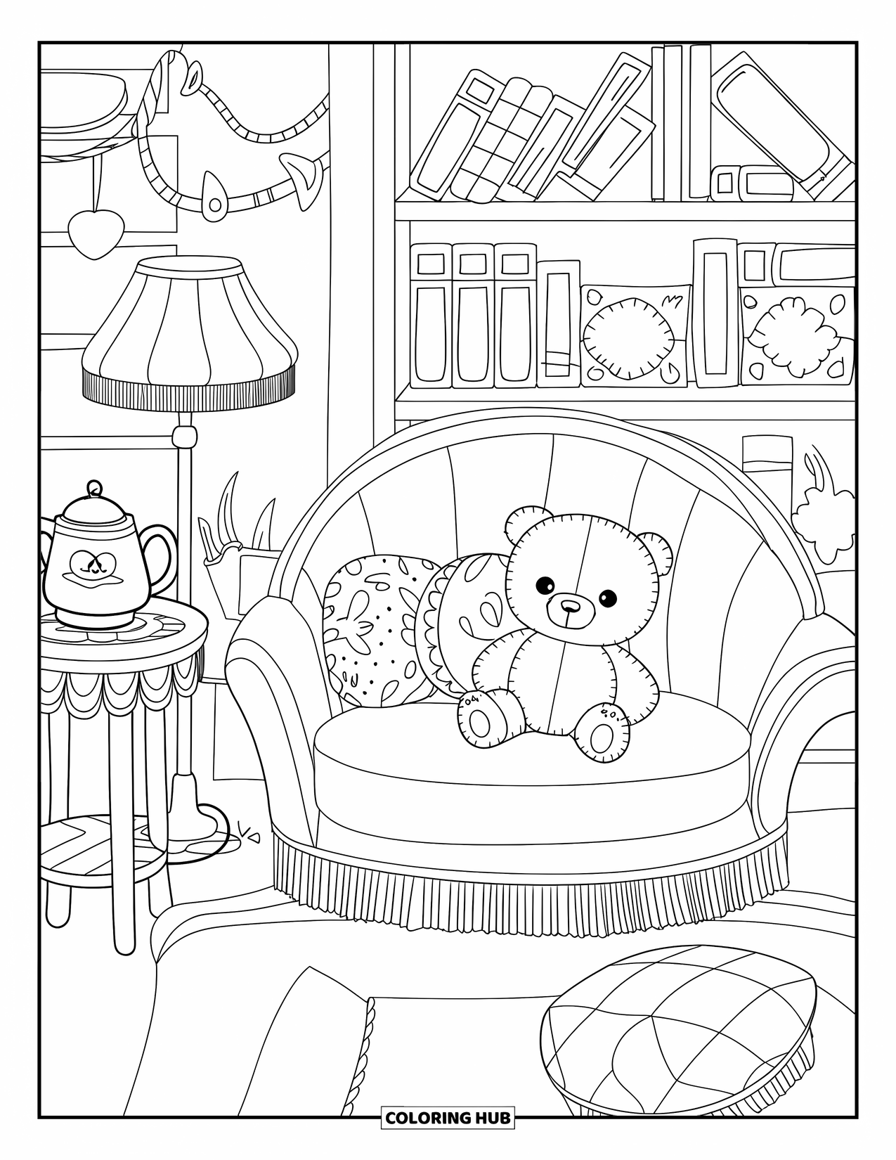 Home Coloring Page for Adults: A cozy living room with a teddy bear, lamps, and warm details