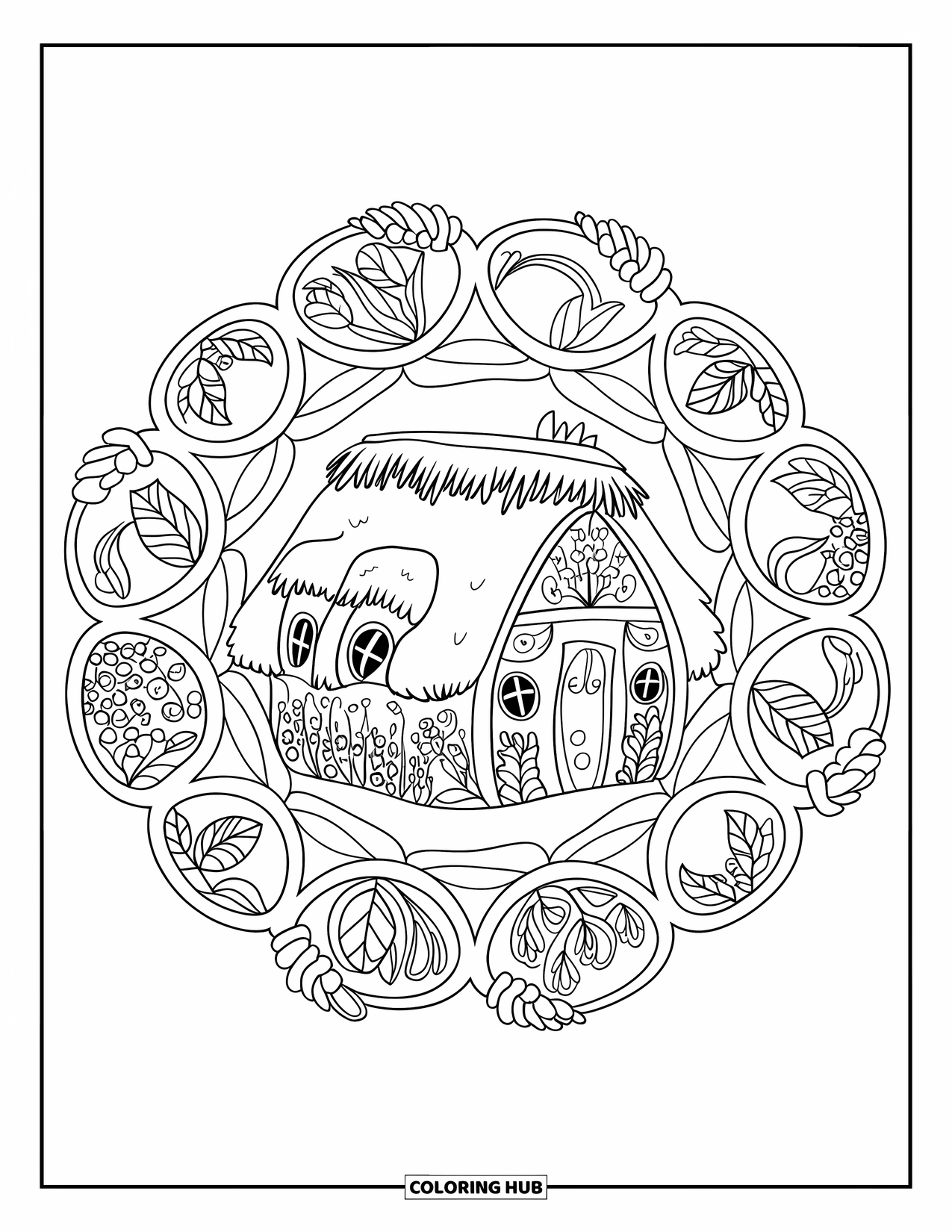 Home Coloring Page for Adults: A cozy mandala home with round windows surrounded by floral circles