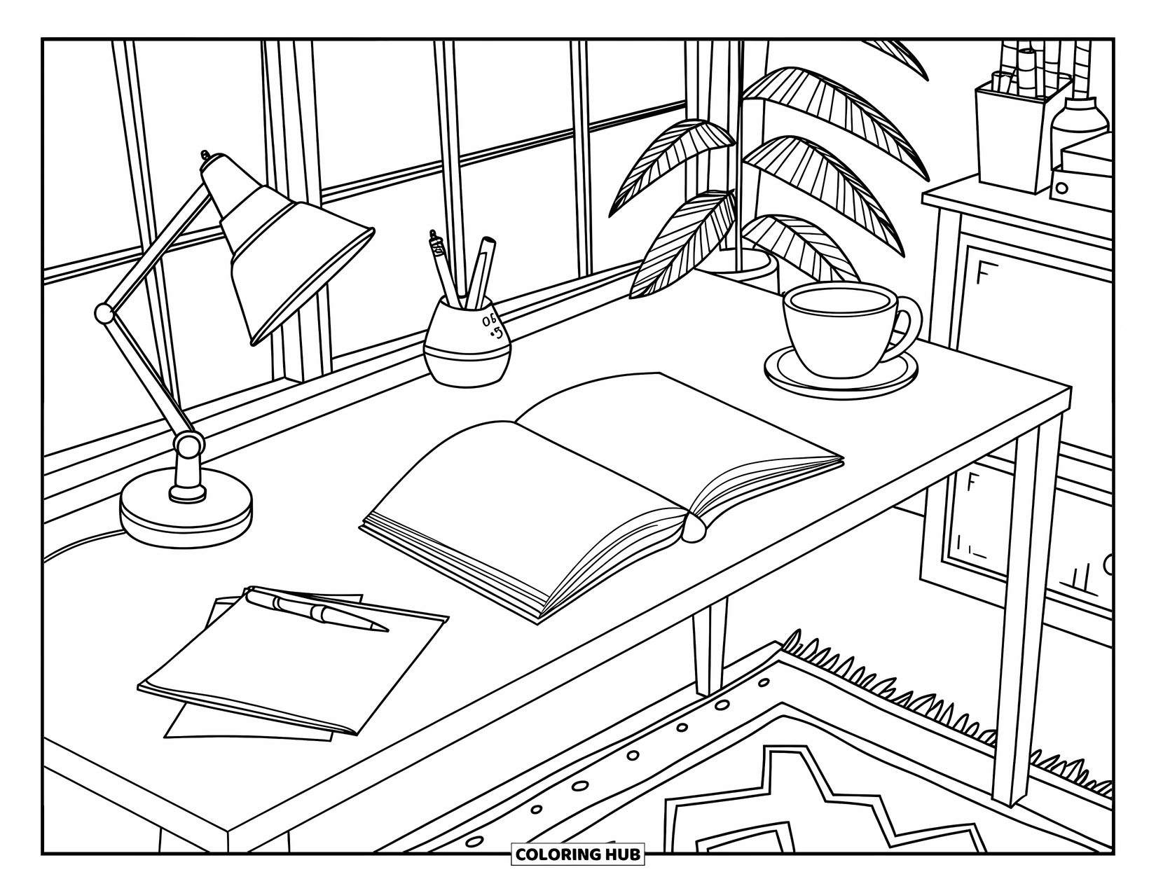 Home Coloring Page for Adults: A cozy workspace with tea, plants, and an open notebook by the window