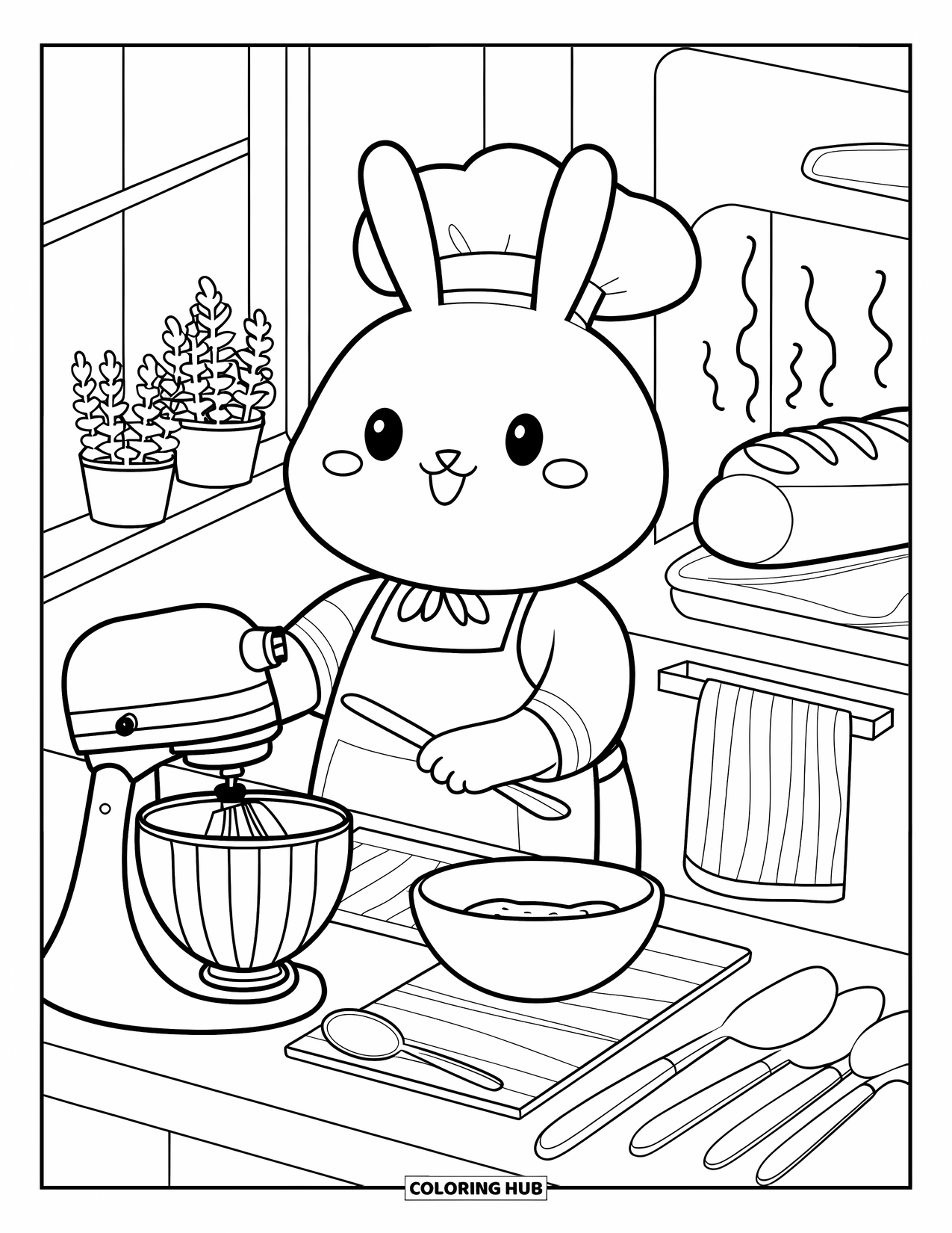 Home Coloring Page for Adults: A cute bunny chef baking bread with steam rising from the oven