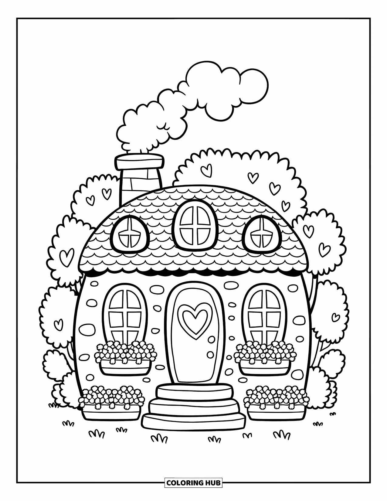 Home Coloring Page for Adults: A cute cottage with heart windows, flowers, and smoke from the chimney