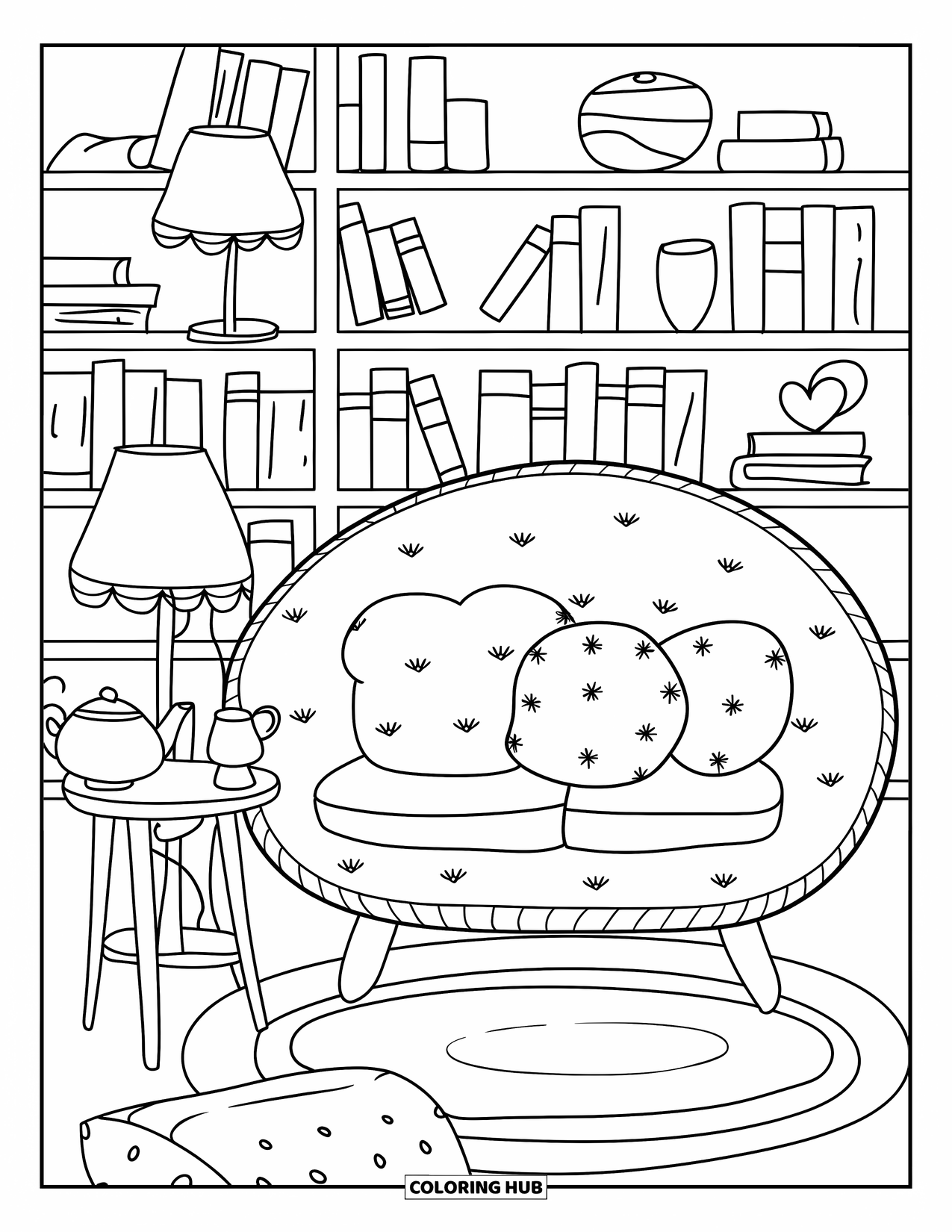 Home Coloring Page for Adults: A cute living room with tea, books, and cozy lighting