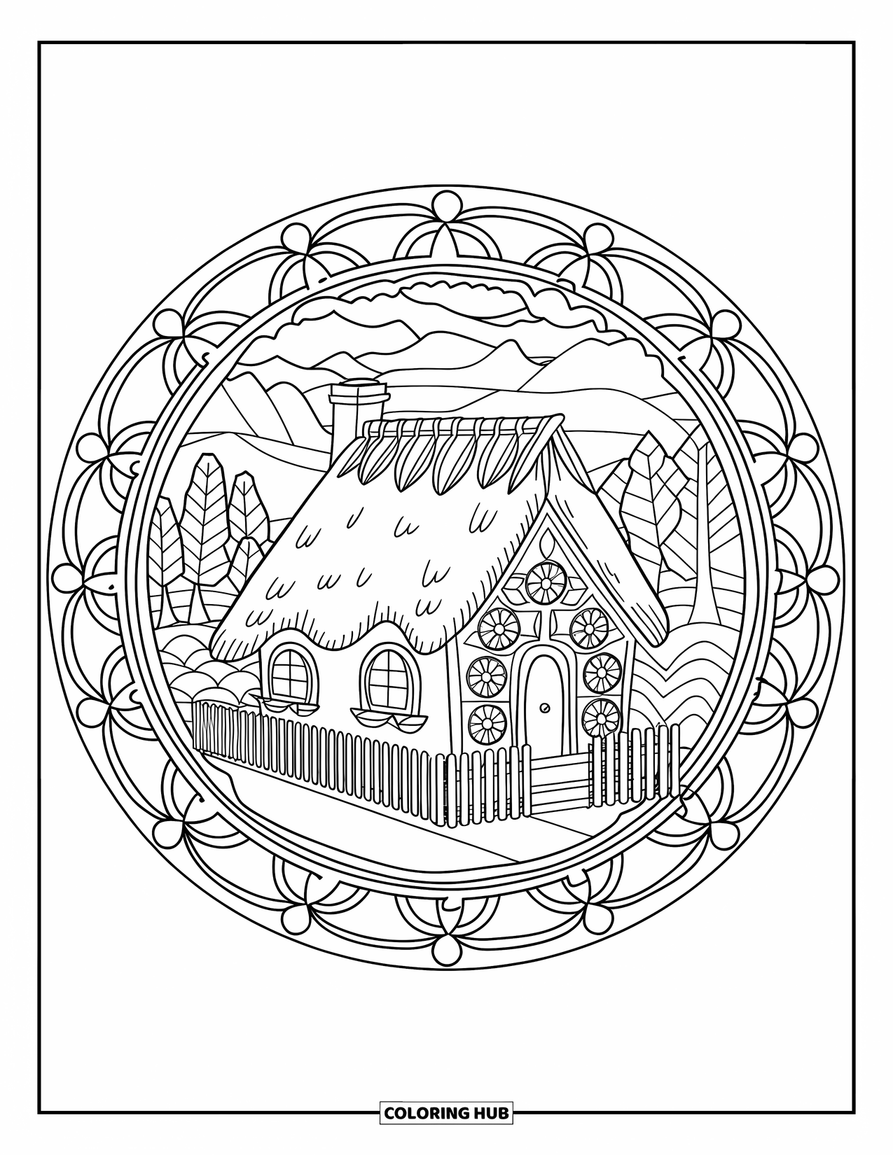 Home Coloring Page for Adults: A detailed mandala home with a thatched roof, fence, and floral patterns