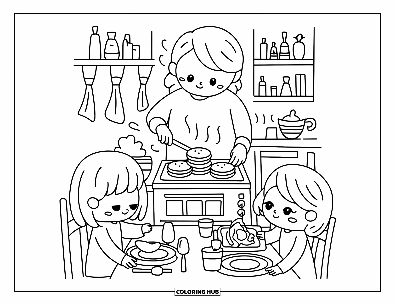 Home Coloring Page for Adults: A family cooking breakfast together with pancakes and a cozy stove