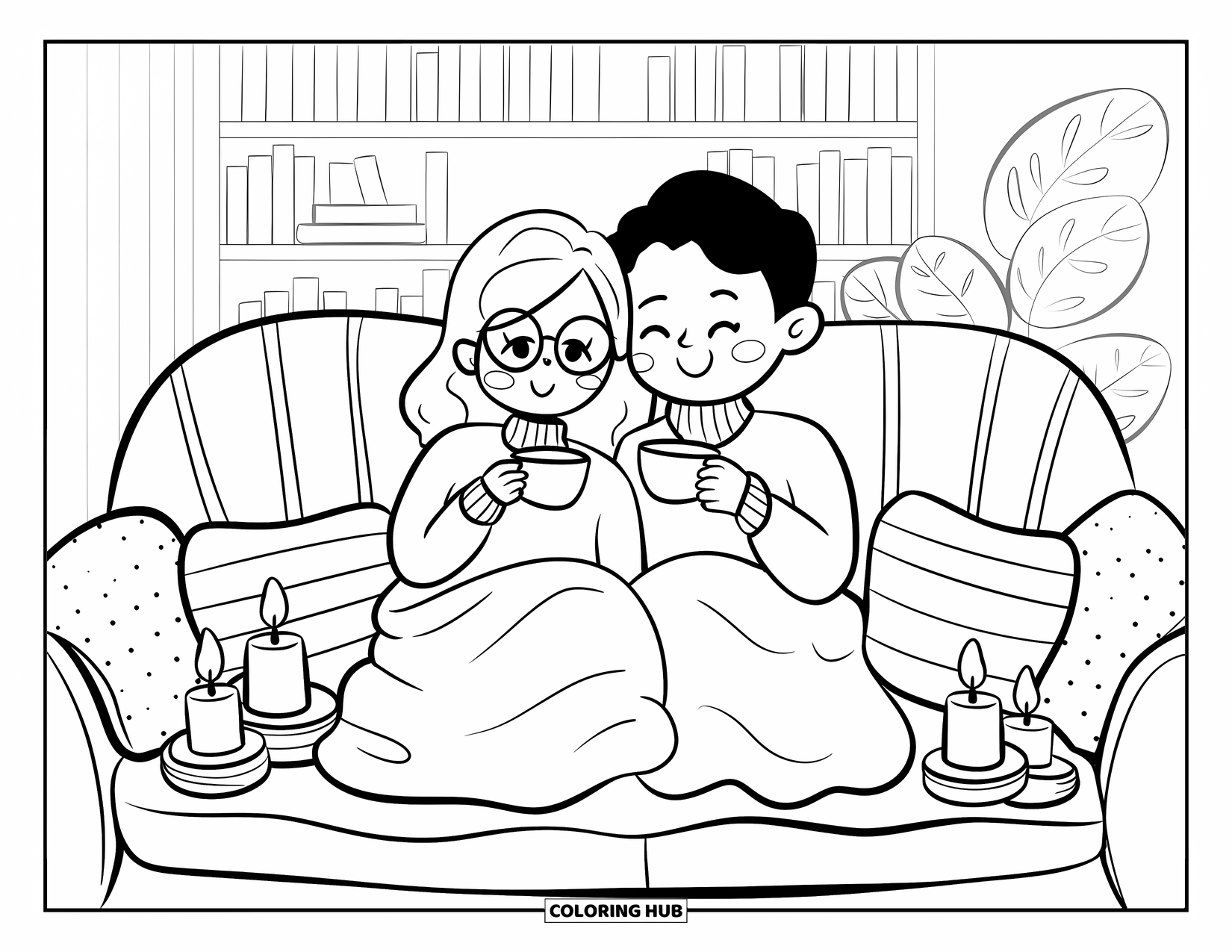 Home Coloring Page for Adults: A happy couple sipping tea under a blanket in a cozy room