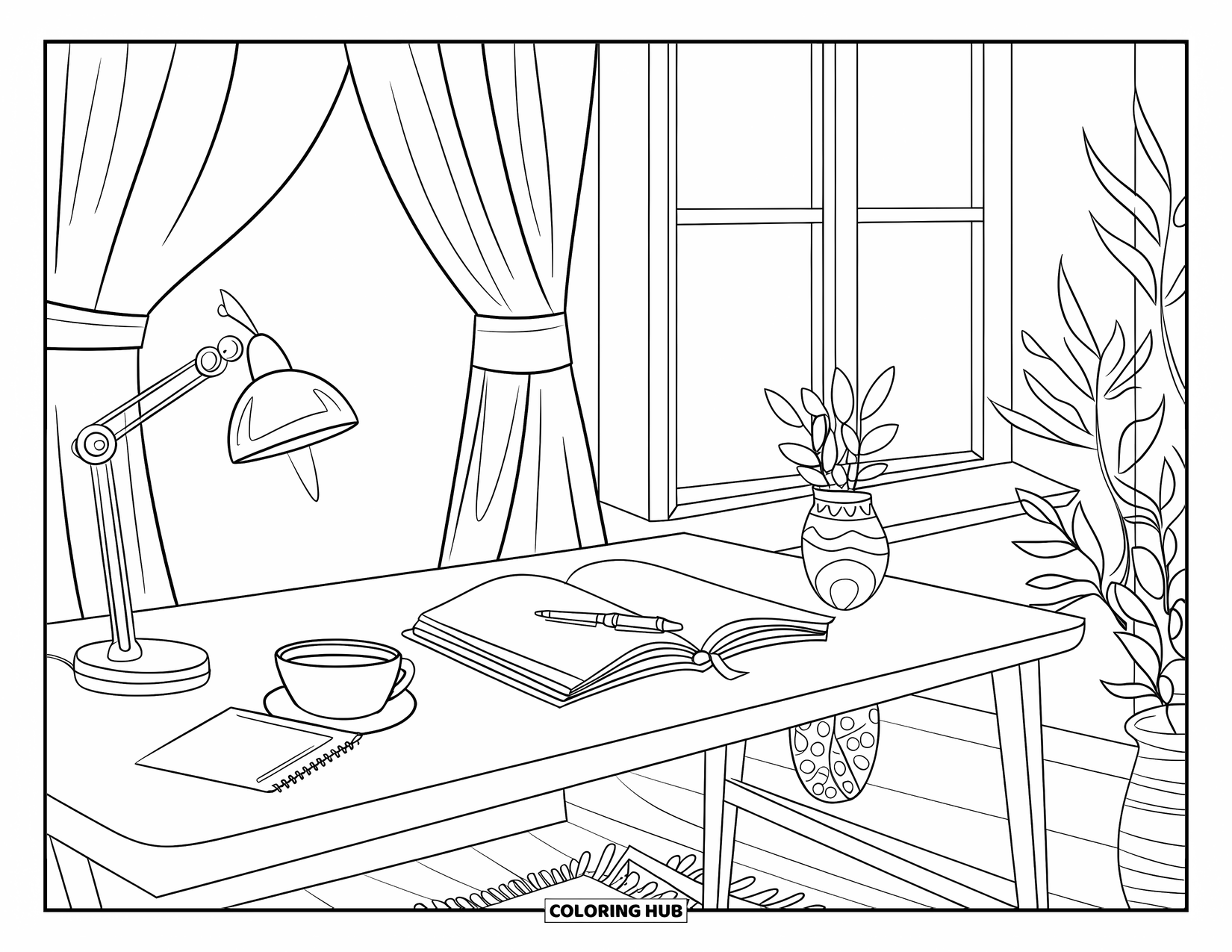 Home Coloring Page for Adults: A peaceful desk scene with a journal, tea, and a lamp nearby