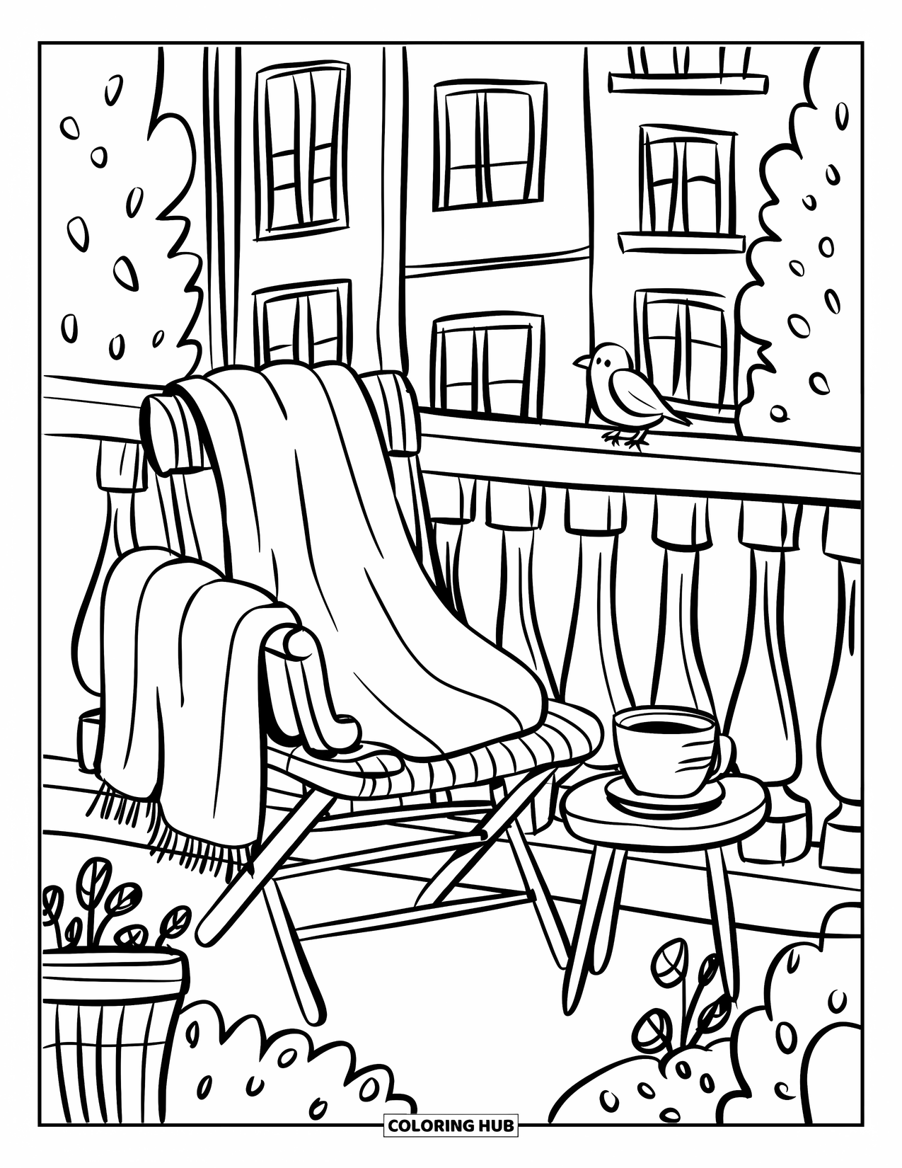 Home Coloring Page for Adults: A relaxing balcony with a chair, blanket, tea, and little plants