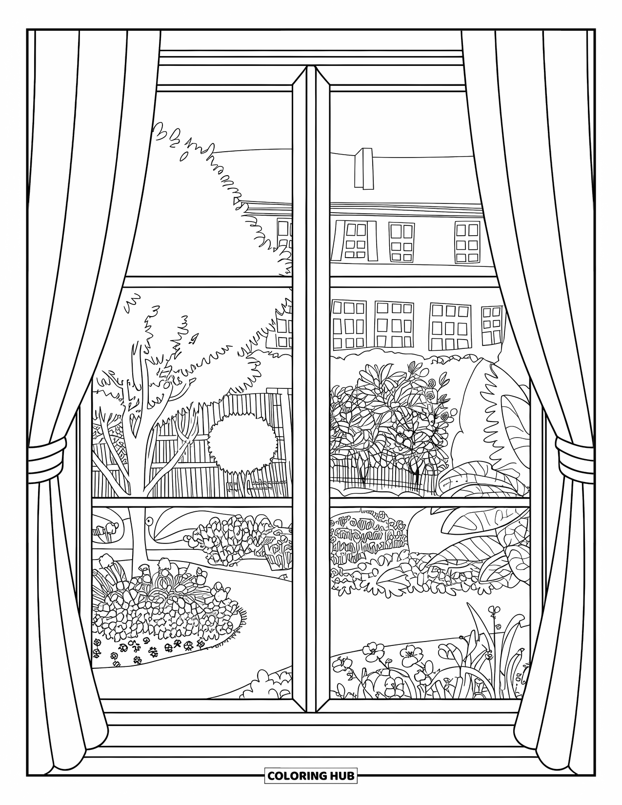 Home Coloring Page for Adults: A scenic garden view framed by curtains and blooming plants