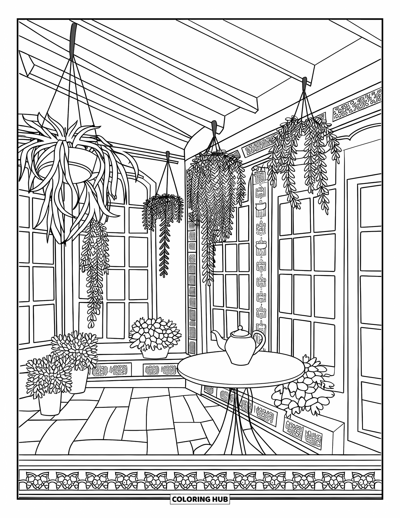 Home Coloring Page for Adults: A sunroom with hanging plants, big windows, and a teapot on the table
