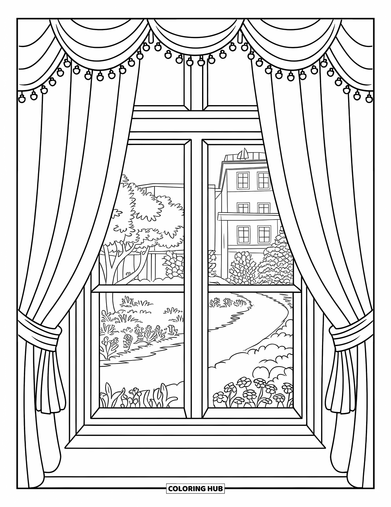 Home Coloring Page for Adults: A tranquil garden seen through a window with flowing curtains