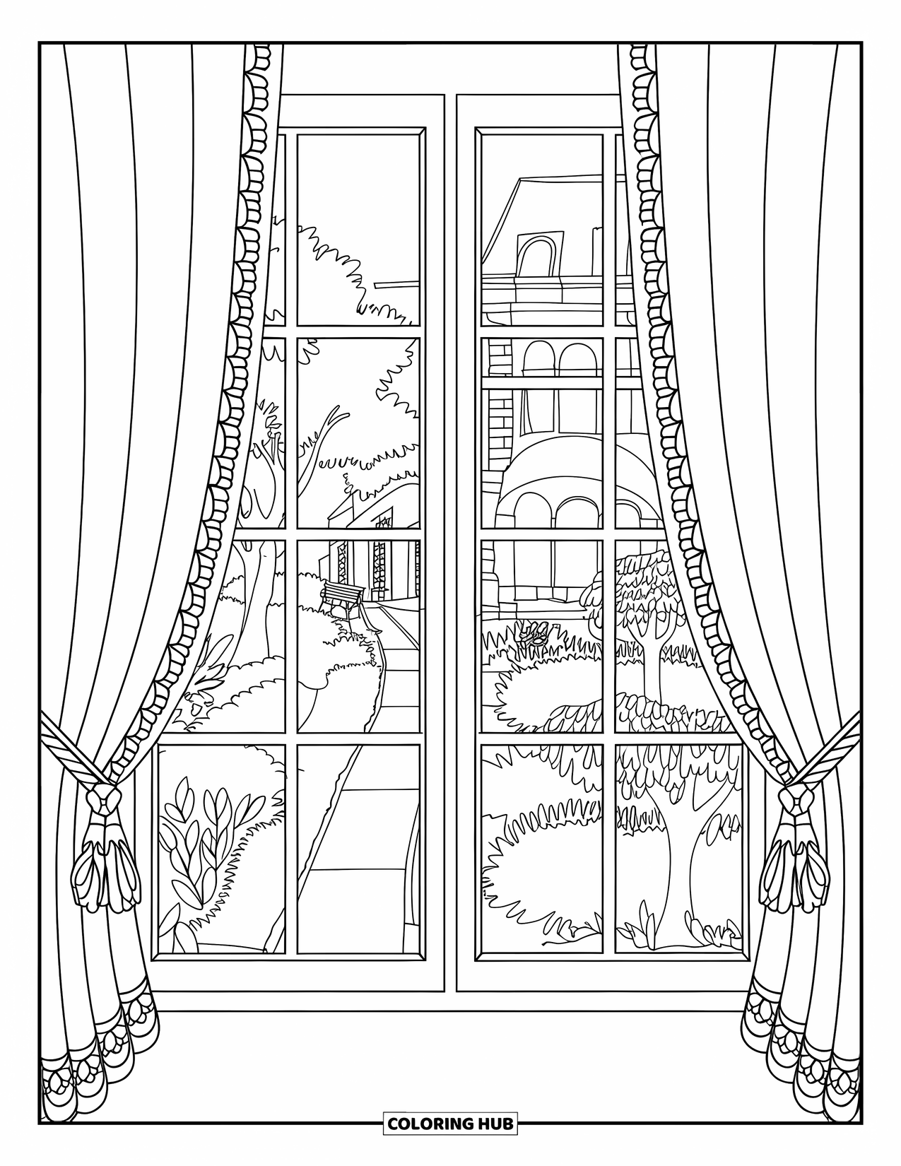 Home Coloring Page for Adults: A window view overlooking a garden with trees, benches, and a path