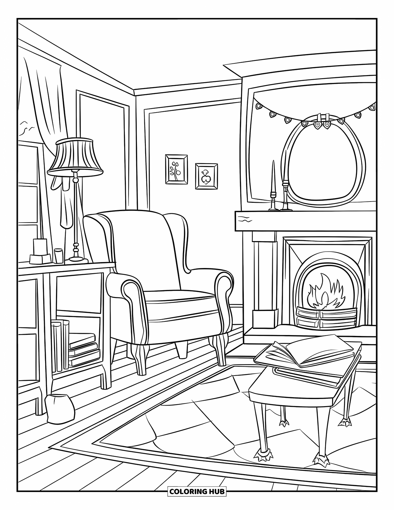 Home Coloring Page for Kids: A charming living room with a fireplace, candles, and a reading spot