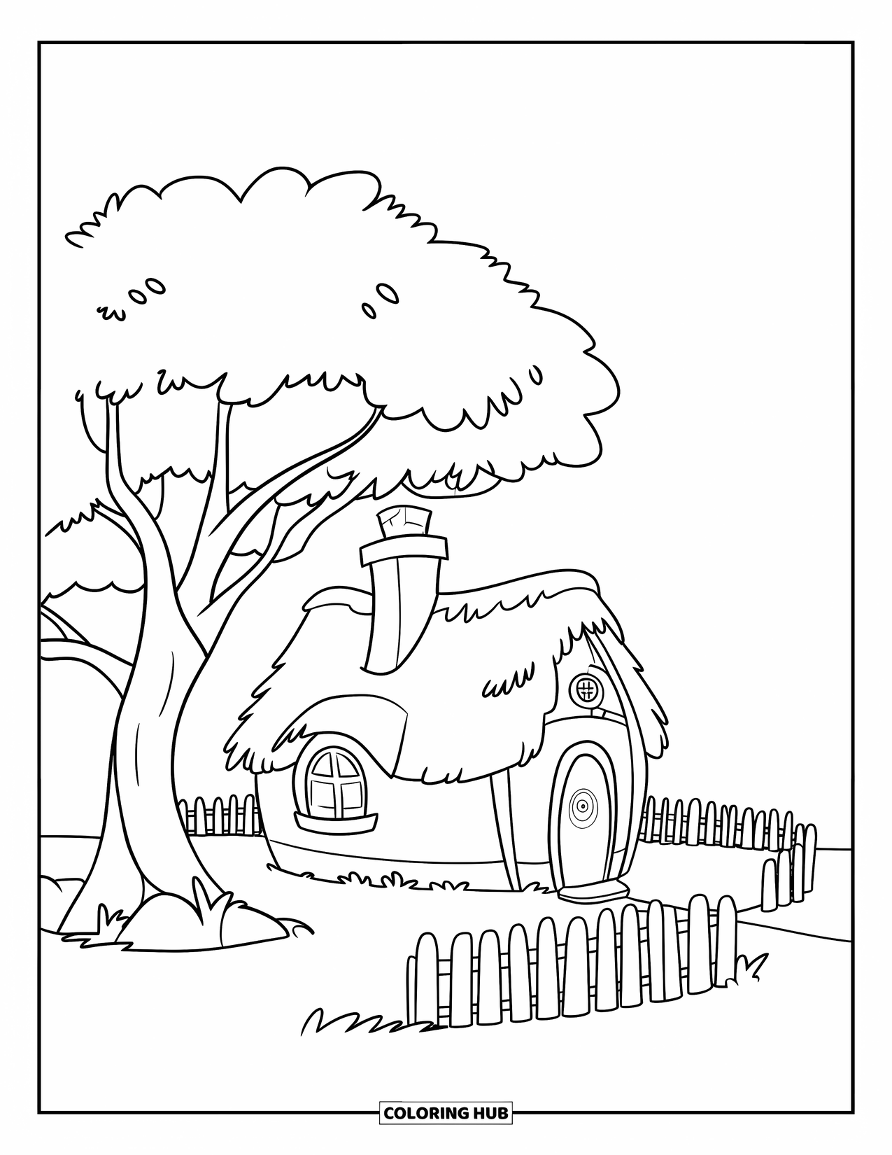 Home Coloring Page for Kids: A cozy cottage with a chimney, tree, and small wooden fence