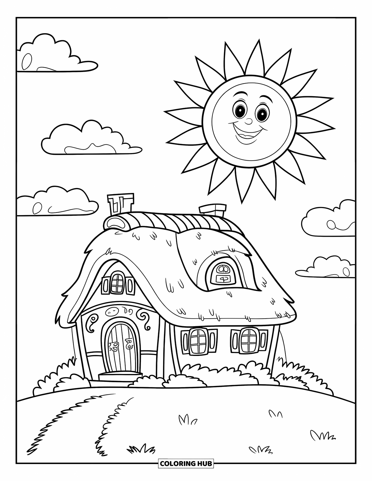 Home Coloring Page for Kids: A cozy hilltop house with a smiling sun and soft clouds above