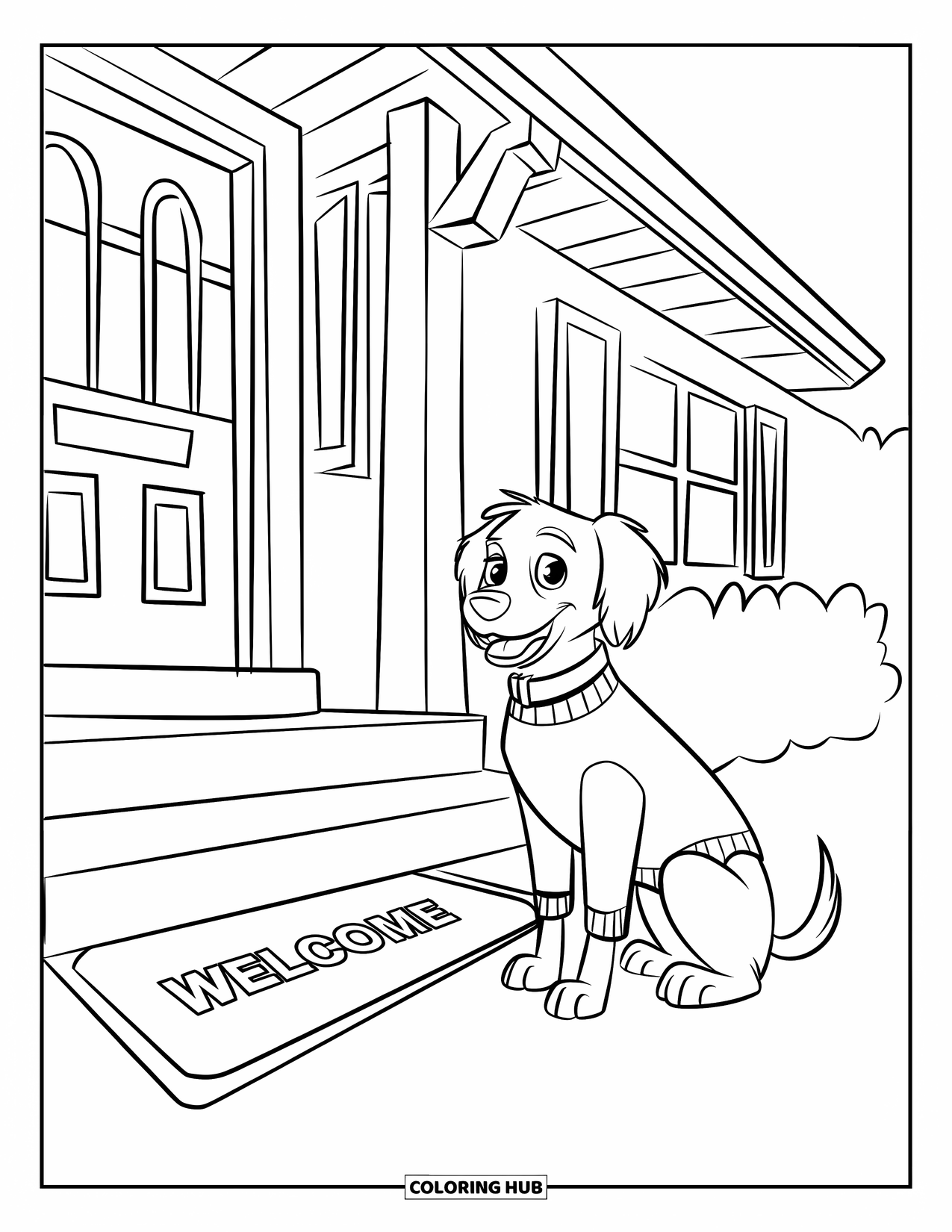 Home Coloring Page for Kids: A cozy home entrance with a dog in a sweater beside the steps