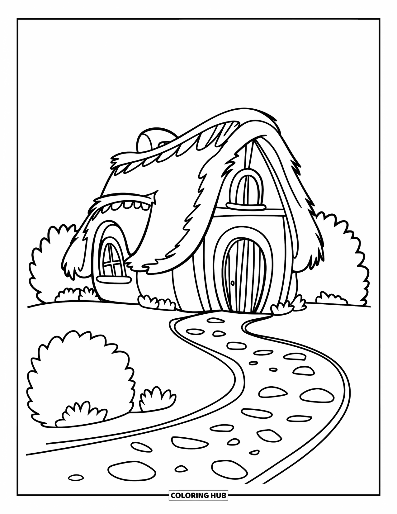 Home Coloring Page for Kids: A cozy house with a curved rocky path and nearby bushes