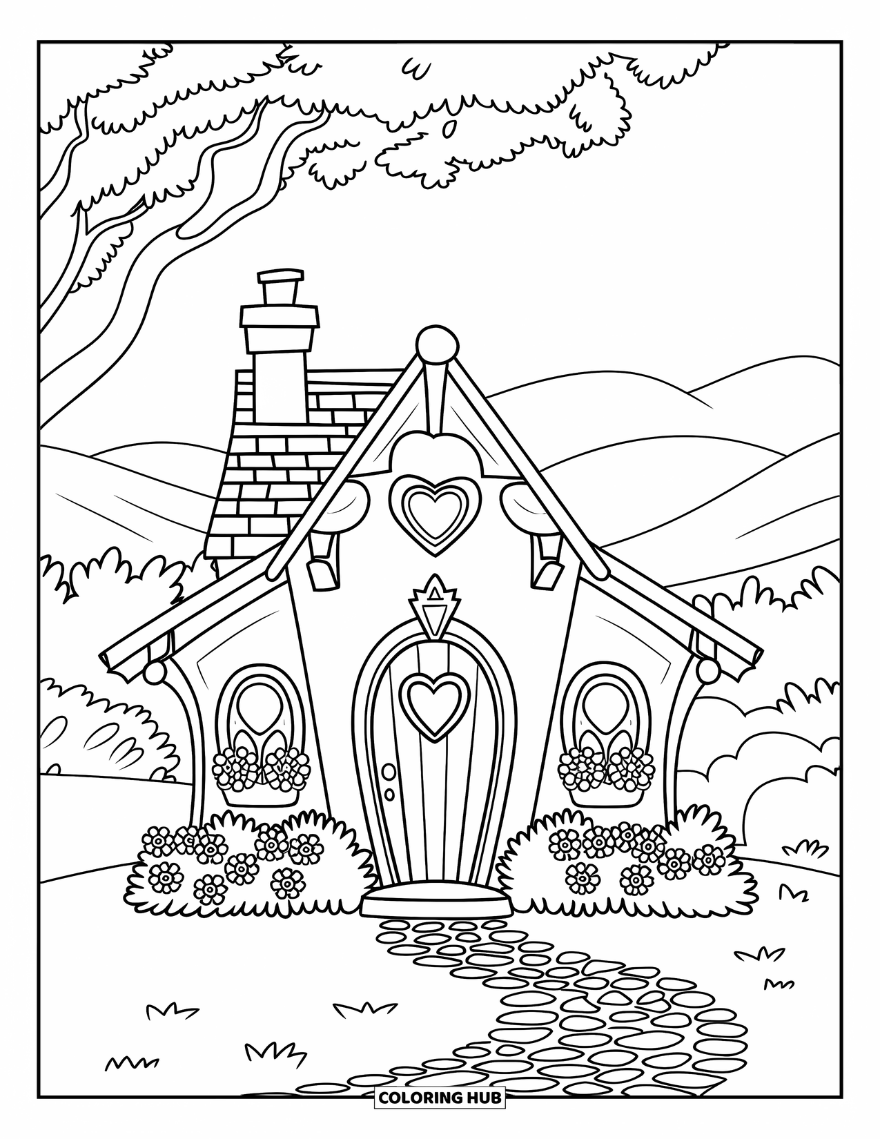 Home Coloring Page for Kids: A cute home with a heart window, cobblestone path, and flowers