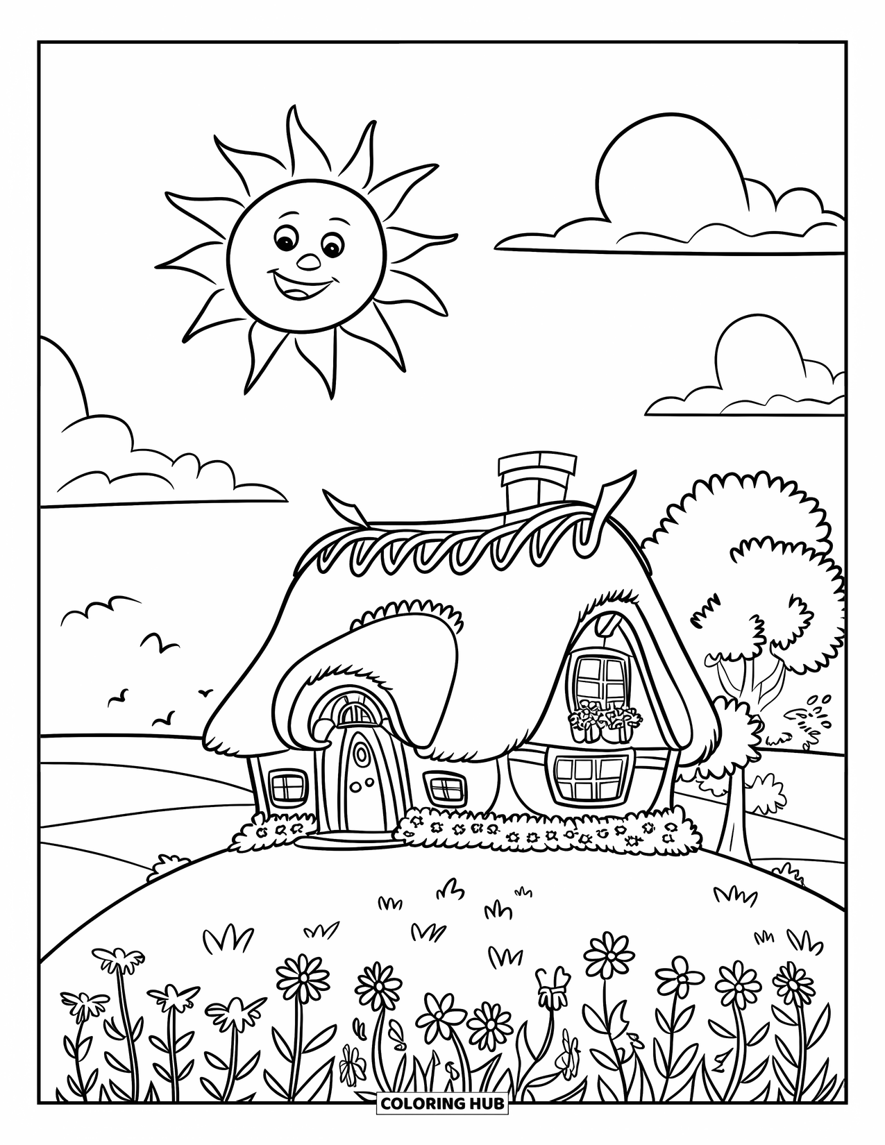 Home Coloring Page for Kids: A cute house on a hill with a smiling sun and fluffy clouds