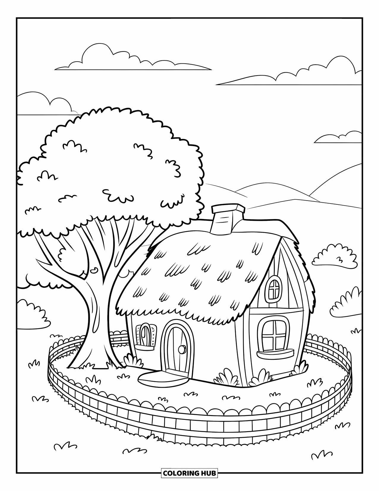 Home Coloring Page for Kids: A cute house with a tree, hills, and a short wooden fence