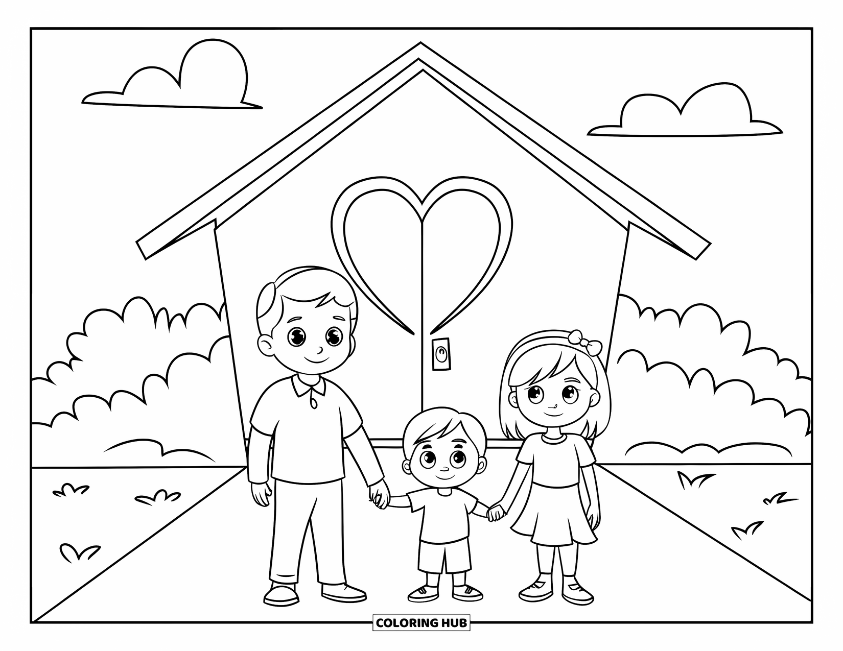 Home Coloring Page for Kids: A family of three holding hands in front of their house