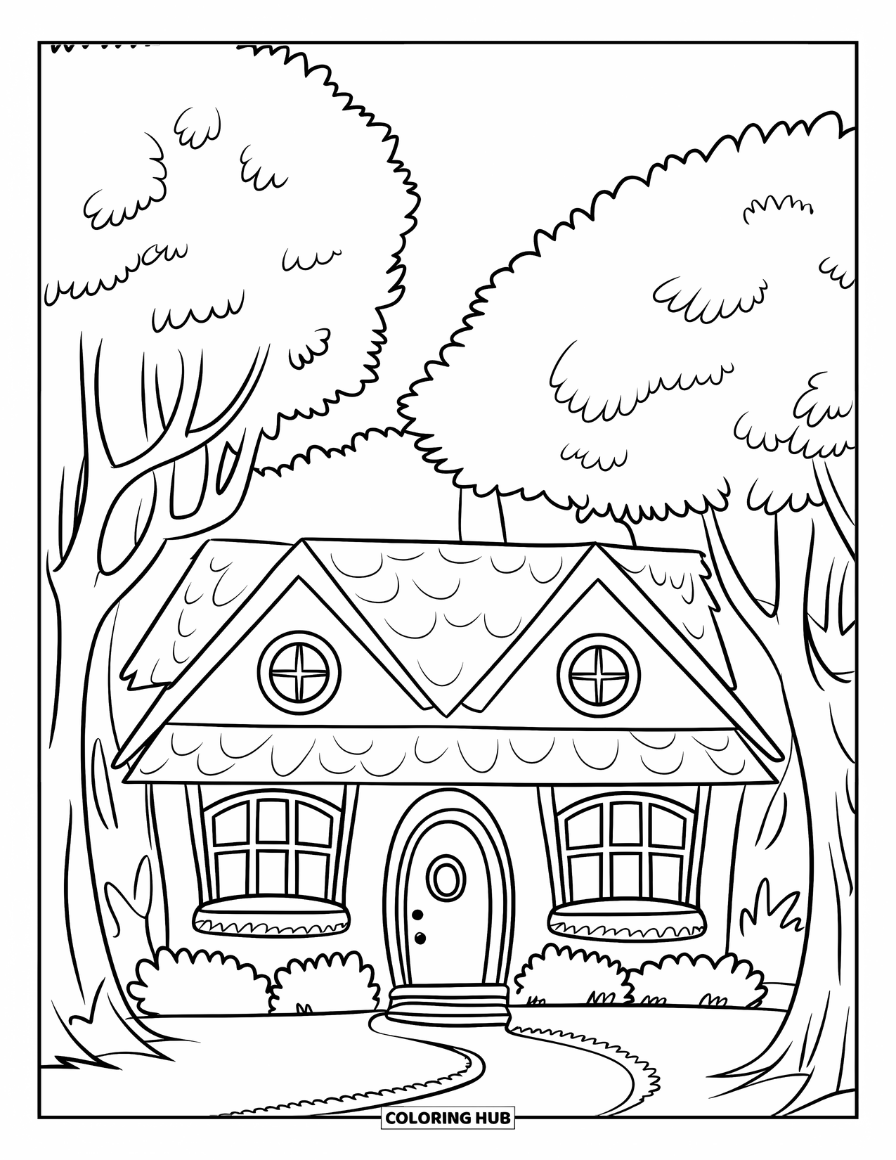 Home Coloring Page for Kids: A forest cottage with a round door and a path through the trees