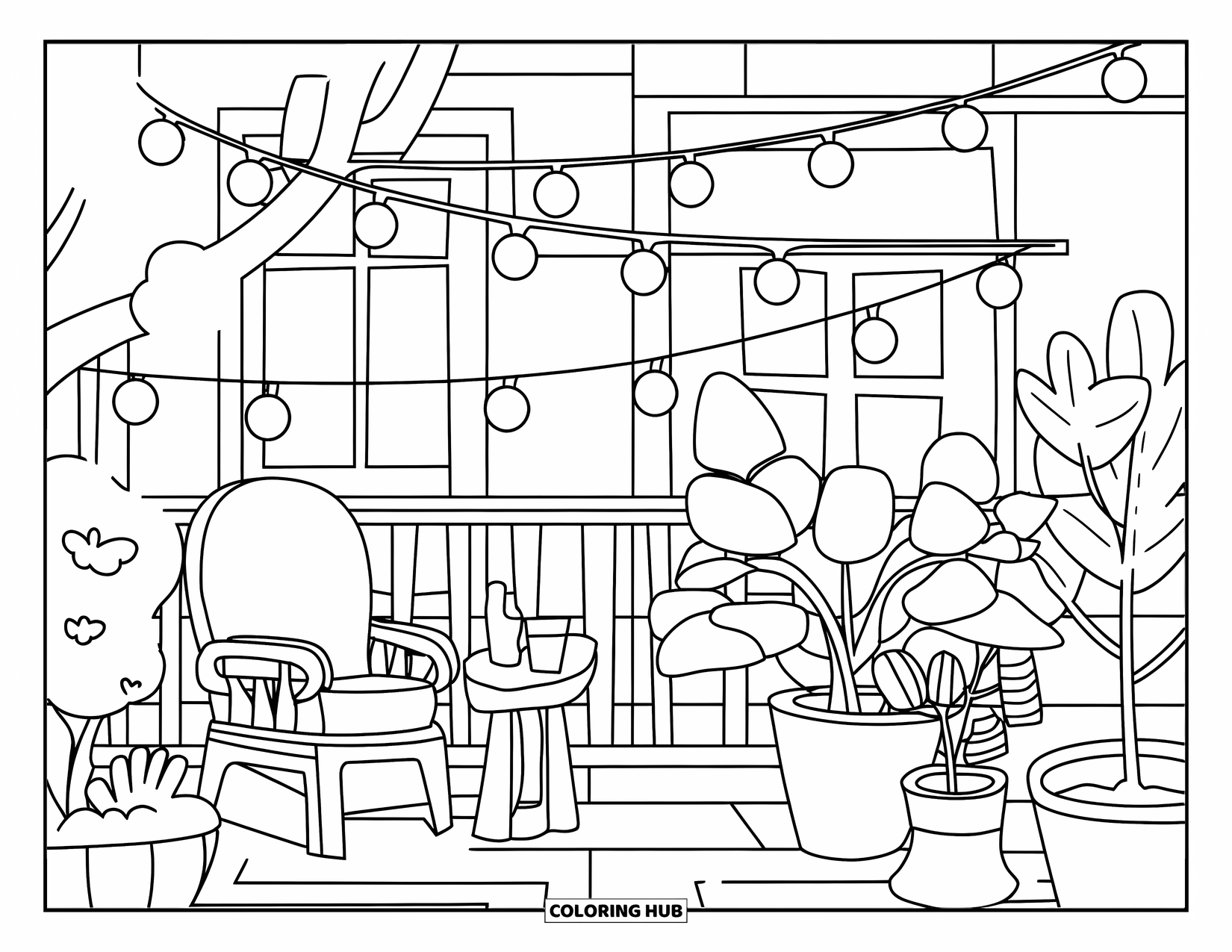 Home Coloring Page for Kids: A friendly home scene with string lights, a chair, and garden plants