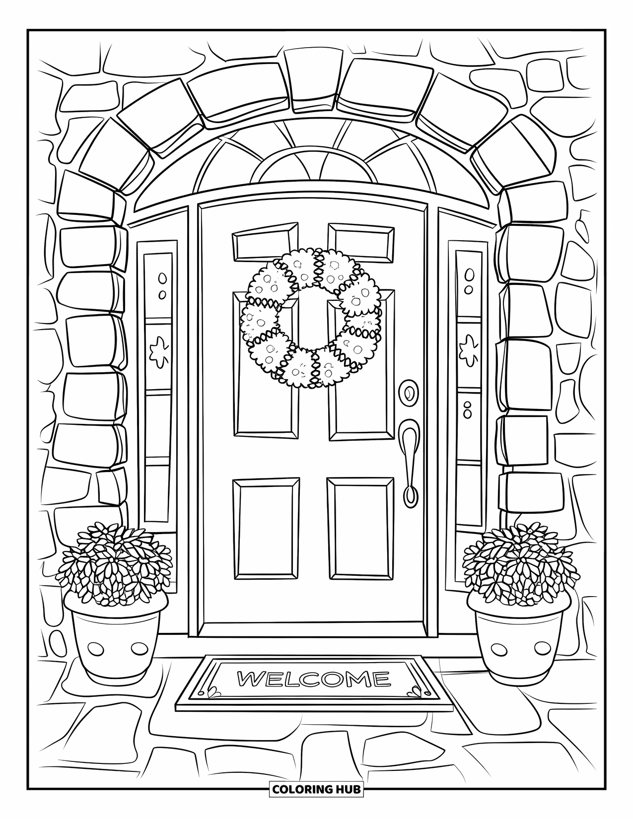 Home Coloring Page for Kids: A front door with a wreath, plants, and a welcoming stone entryway