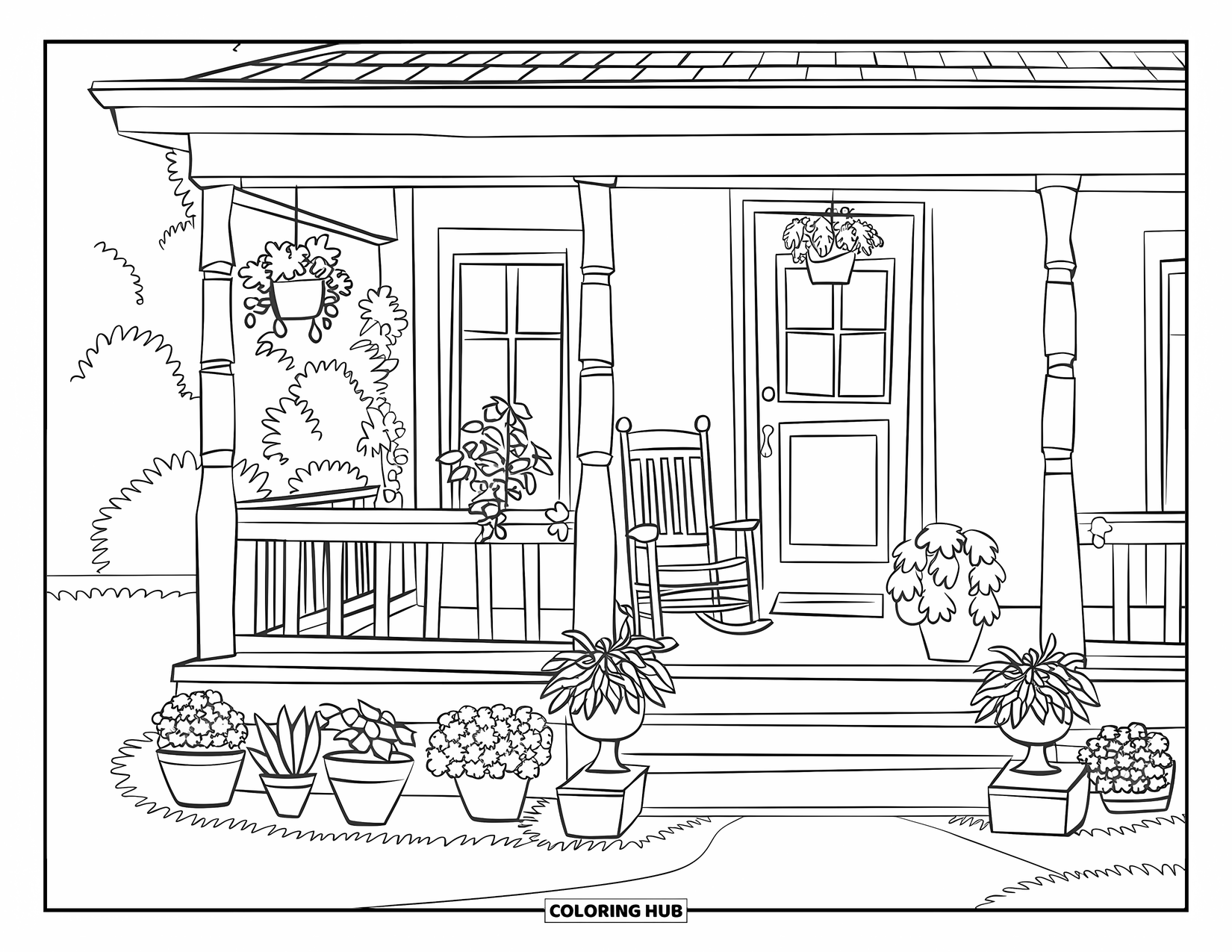 Home Coloring Page for Kids: A front porch with potted plants and a rocking chair by the door