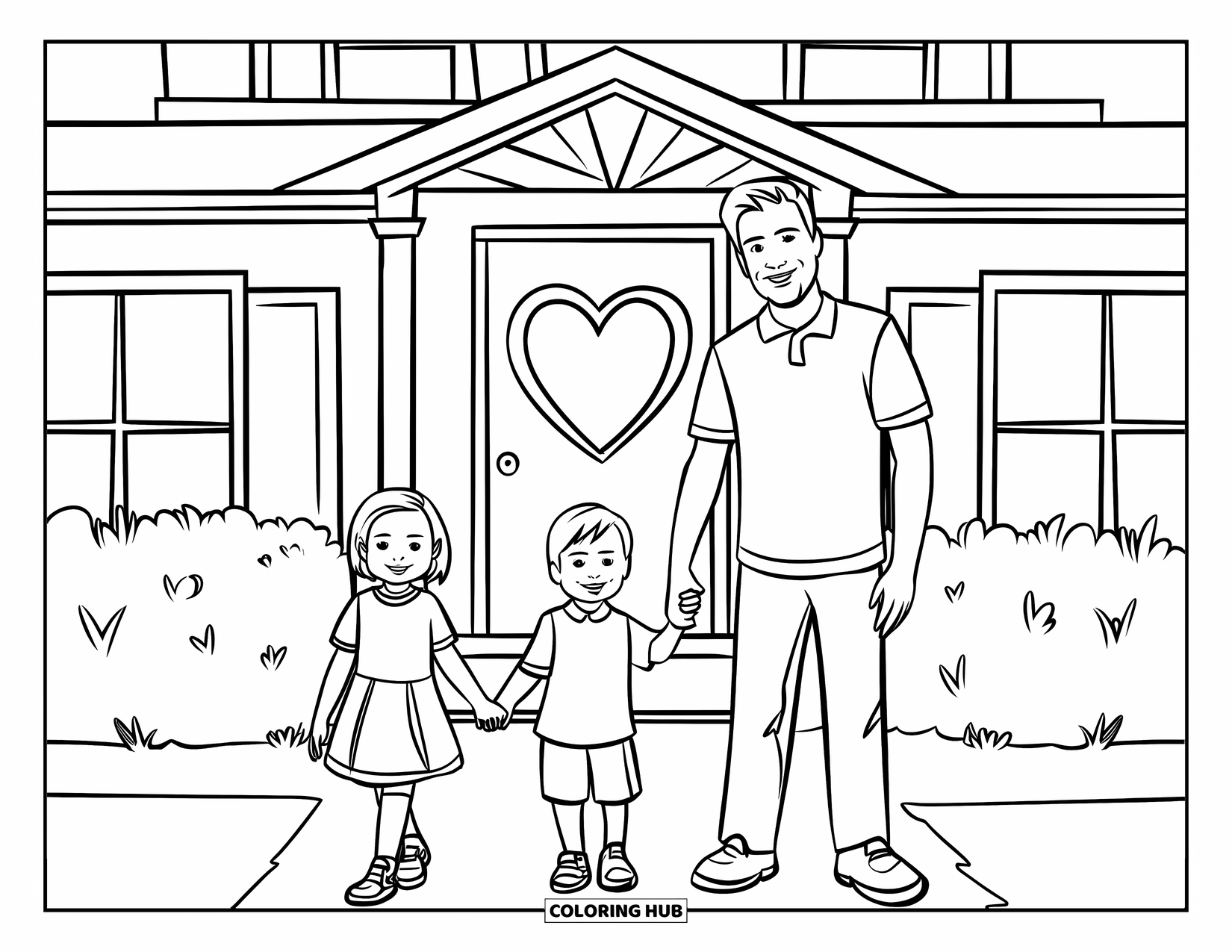 Home Coloring Page for Kids: A happy family standing together before their heart-door home