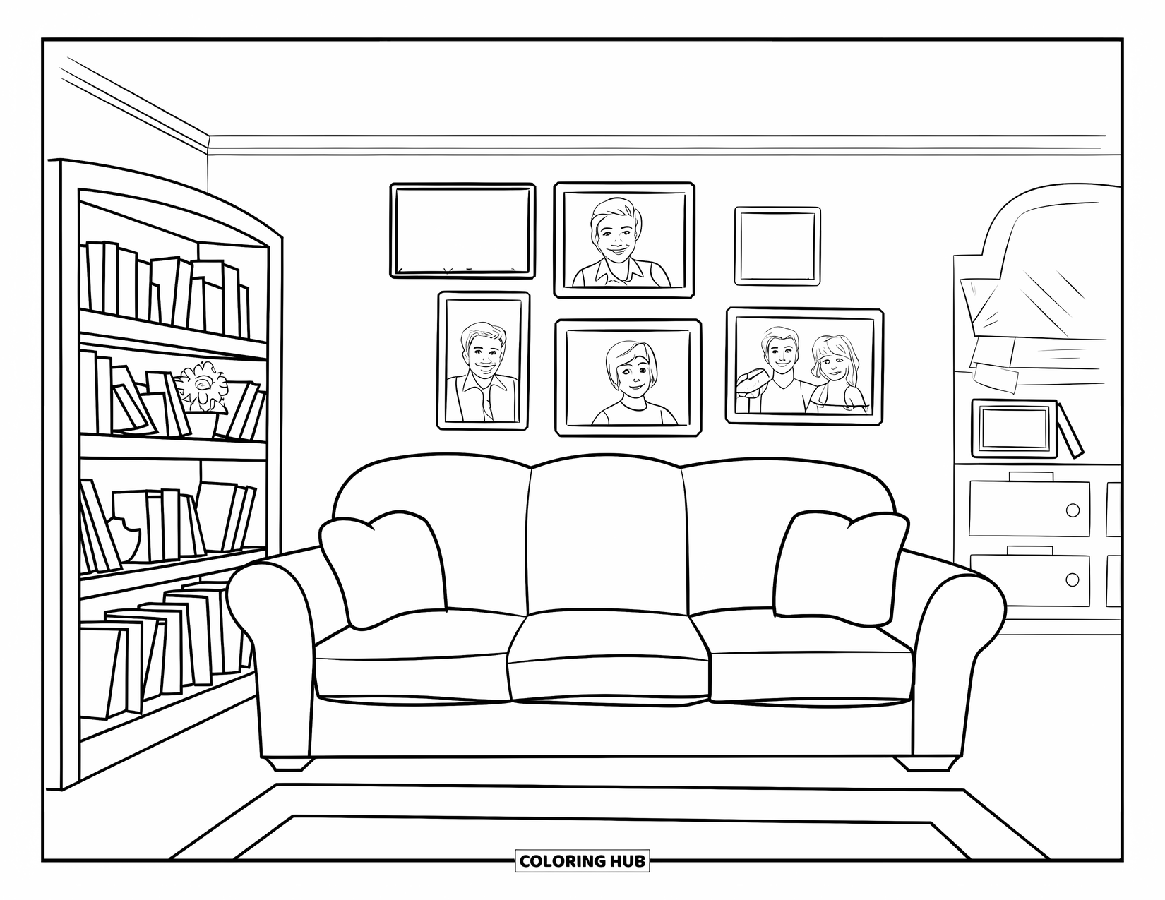 Home Coloring Page for Kids: A living room with a couch, bookshelf, and family portraits