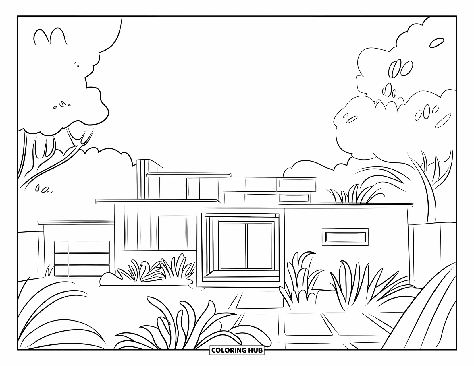 Home Coloring Page for Kids: A modern home with geometric shapes and plants around the garden