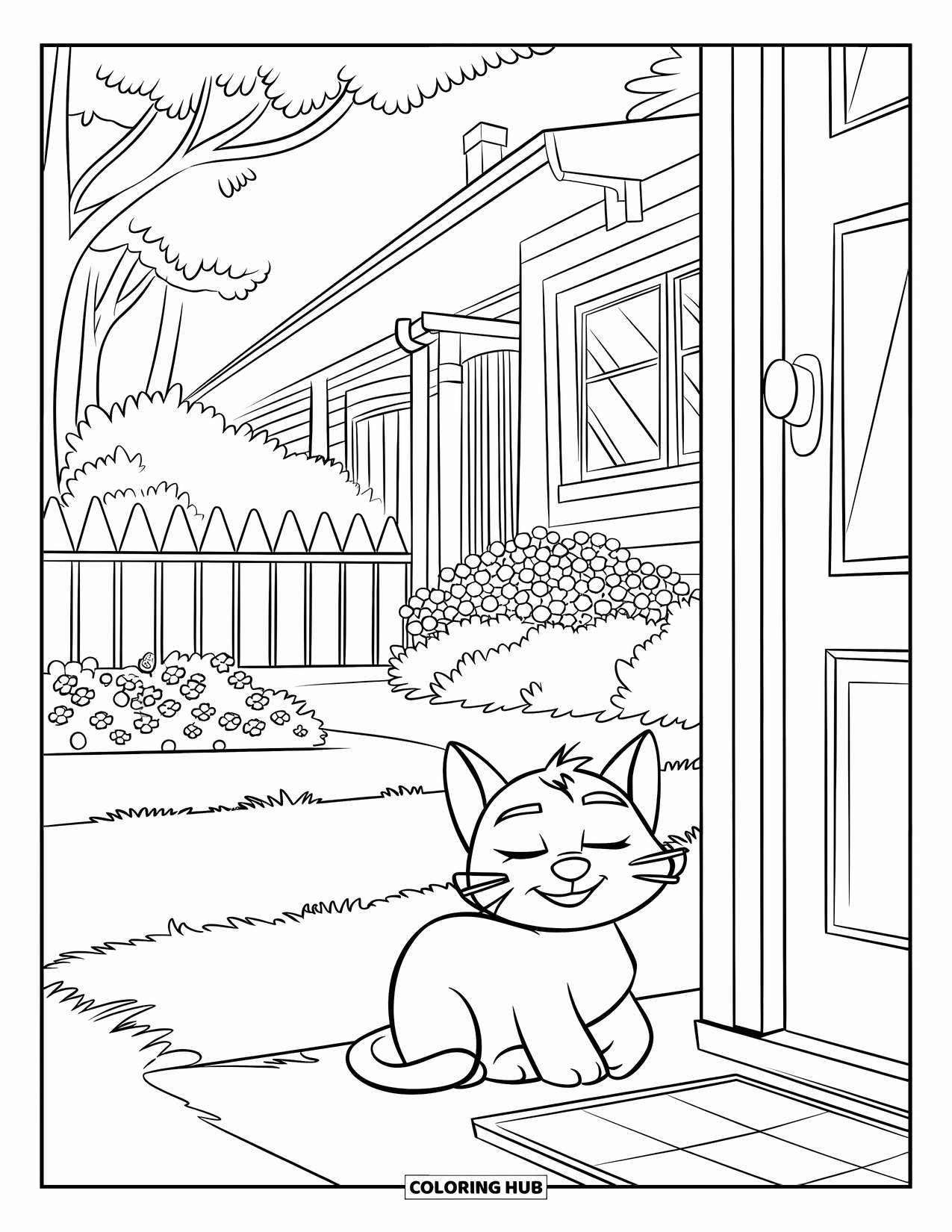 Home Coloring Page for Kids: A peaceful home with a garden path and a cat resting outside