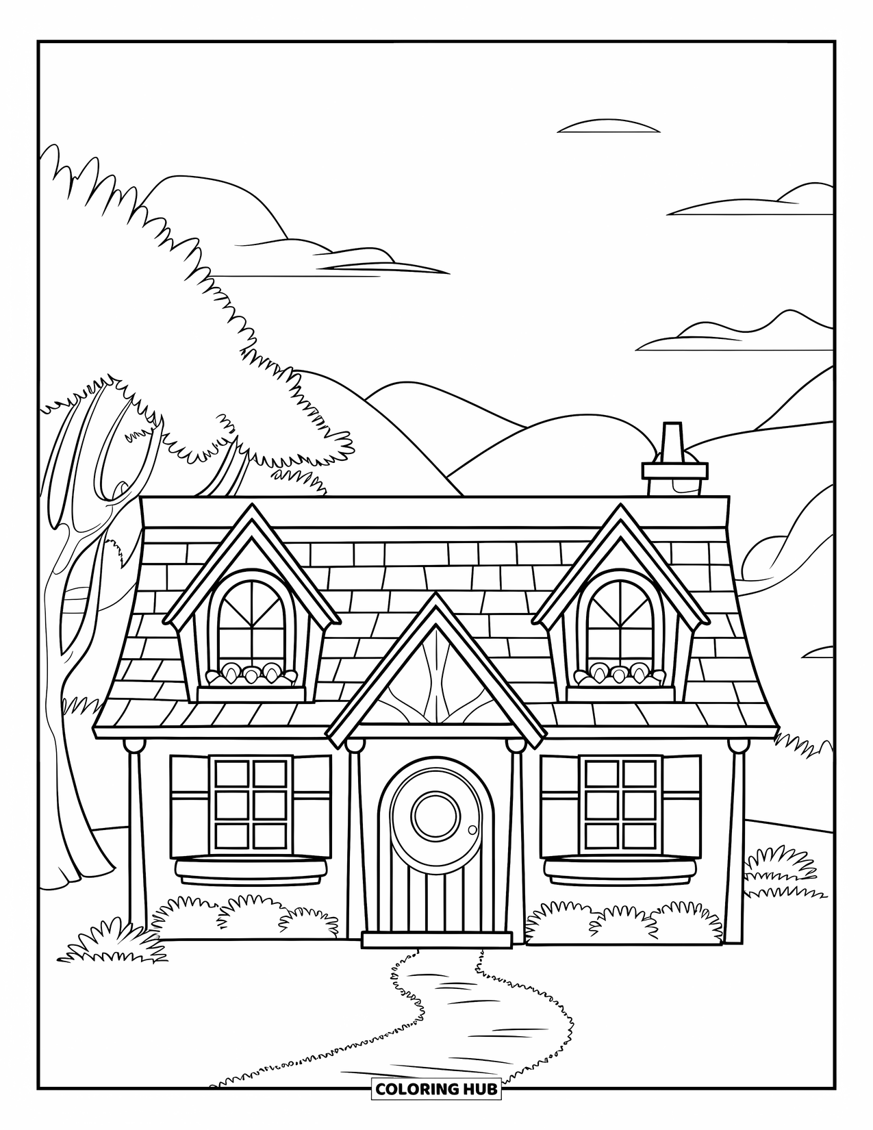 Home Coloring Page for Kids: A small cottage with big windows, a round door, and mountain views