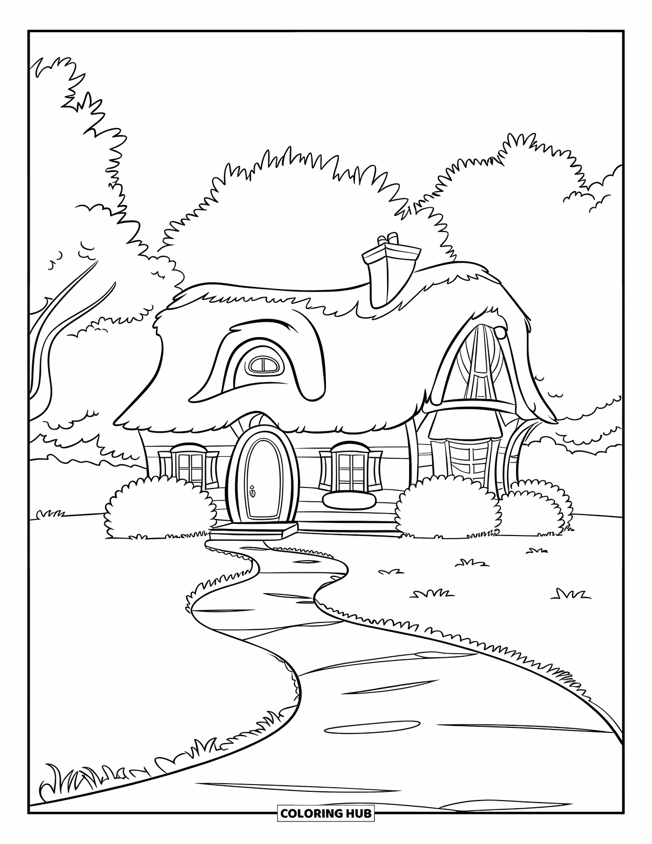 Home Coloring Page for Kids: A small home with a chimney, bushes, and a winding path