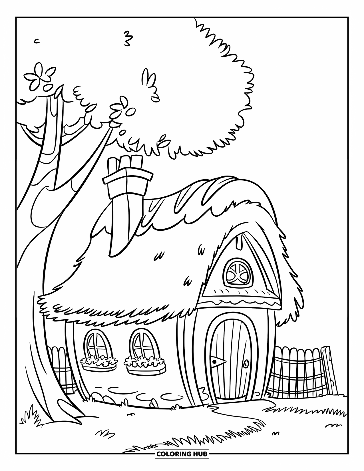 Home Coloring Page for Kids: A small home with a thatched roof, fence, and leafy tree nearby