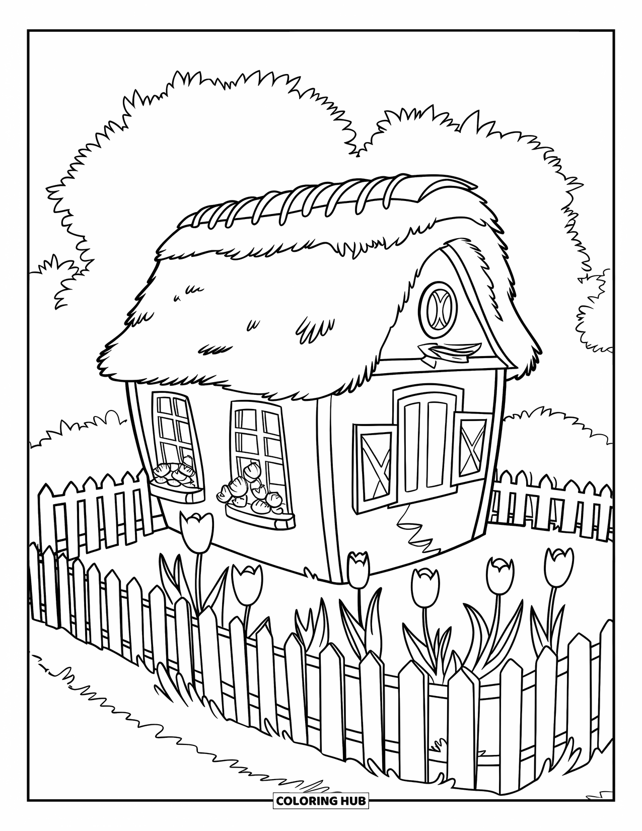 Home Coloring Page for Kids: A small home with a tulip garden and a picket fence