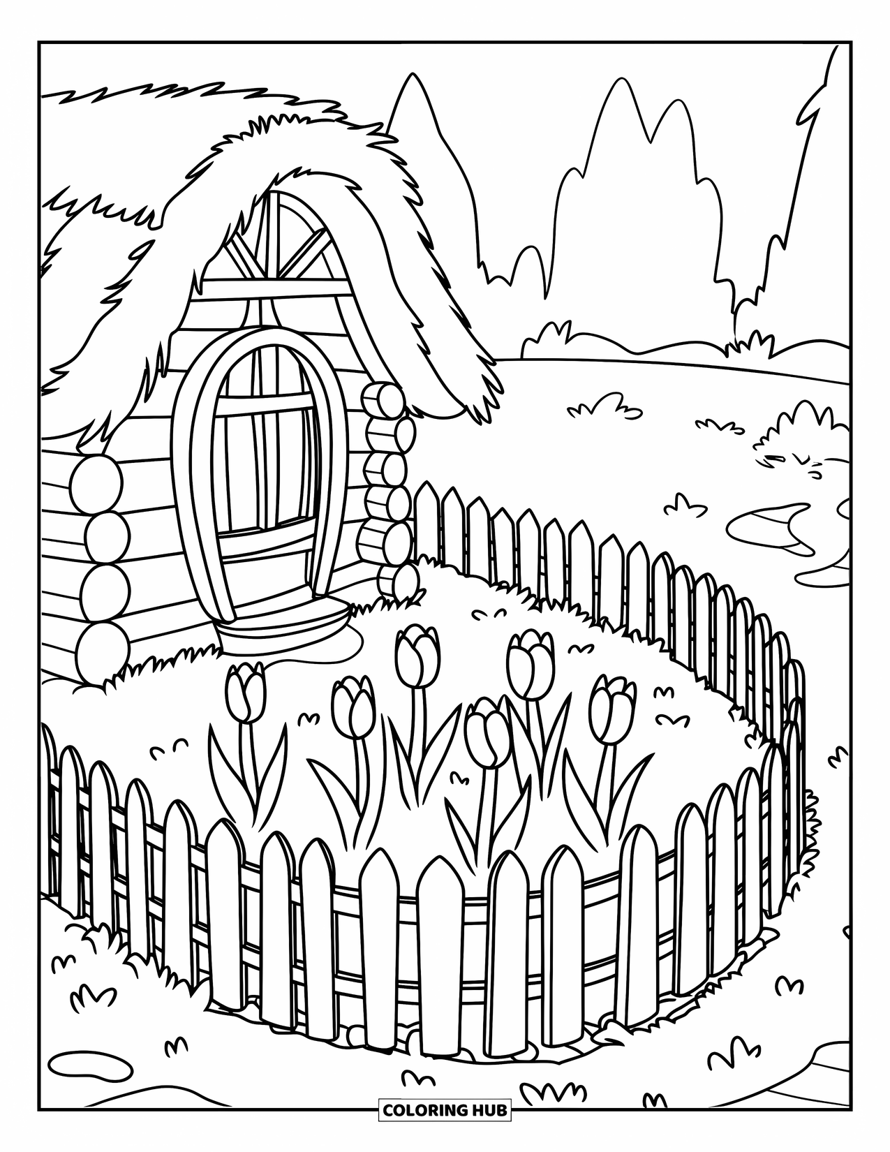 Home Coloring Page for Kids: A wooden home with tulips and a fence among scattered rocks