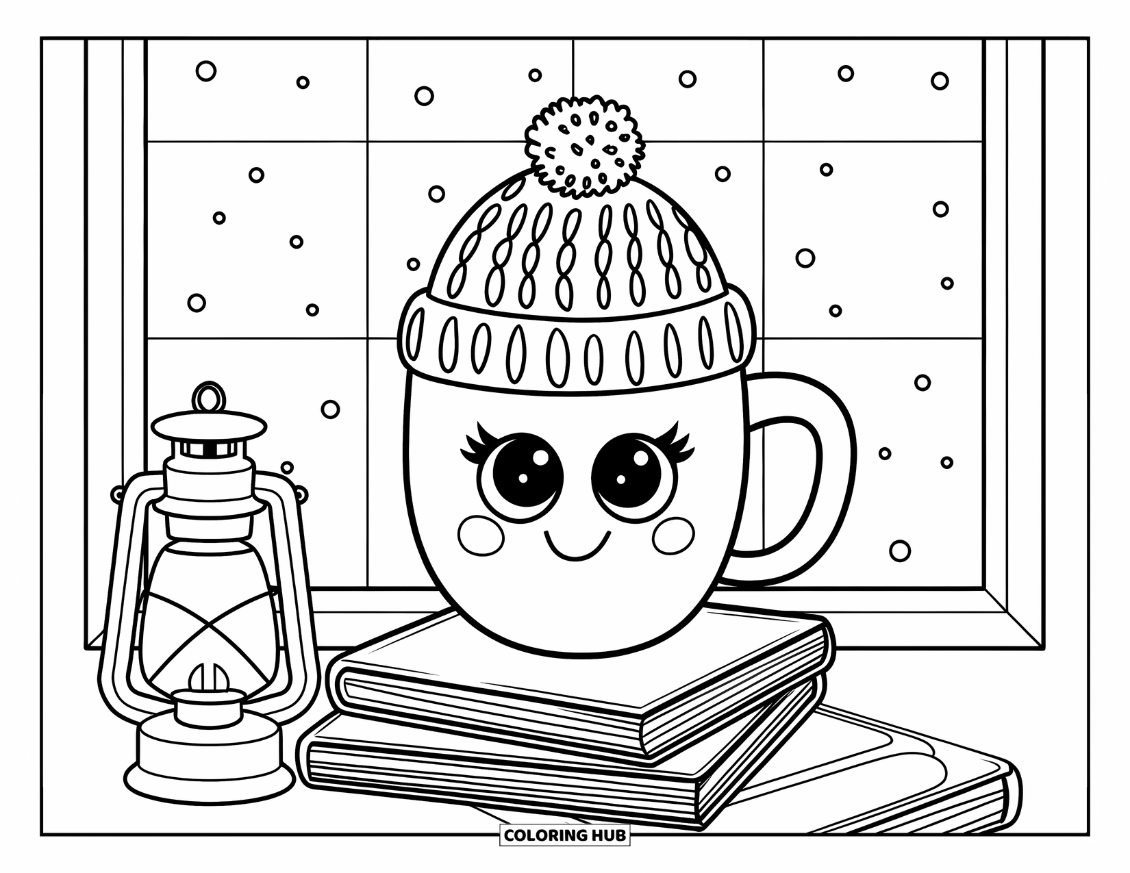 Hot Chocolate Coloring Page for Adults: A cheerful cocoa mug wearing a hat sits on books near a lantern