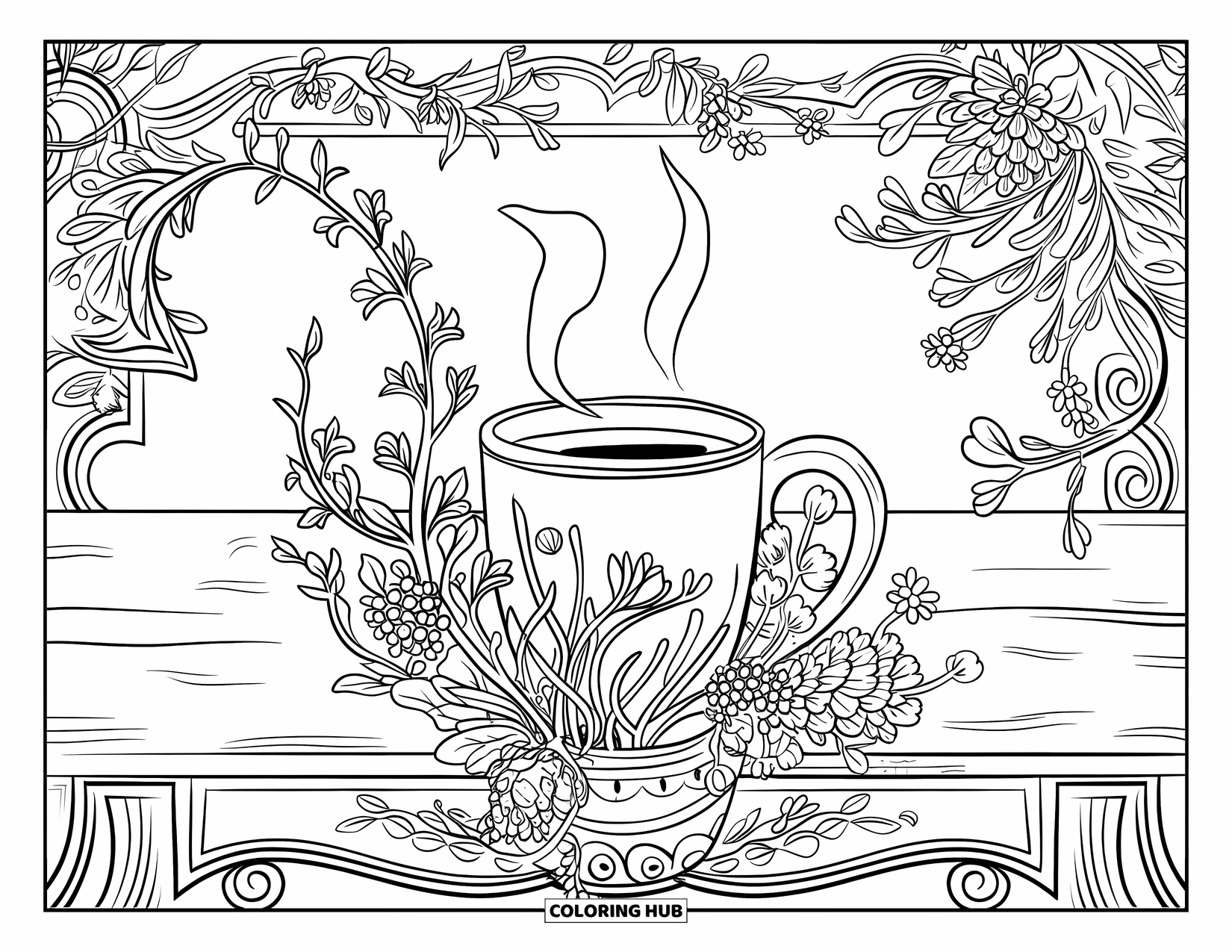 Hot Chocolate Coloring Page for Adults: A cocoa mug among vines and blossoms on a carved wooden table