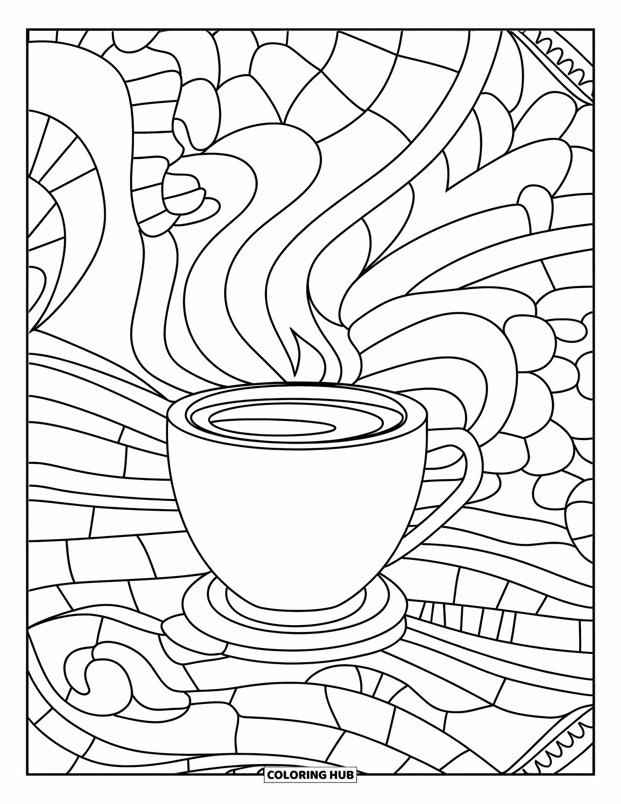 Hot Chocolate Coloring Page for Adults: A cocoa mug on a mosaic background filled with artistic patterns