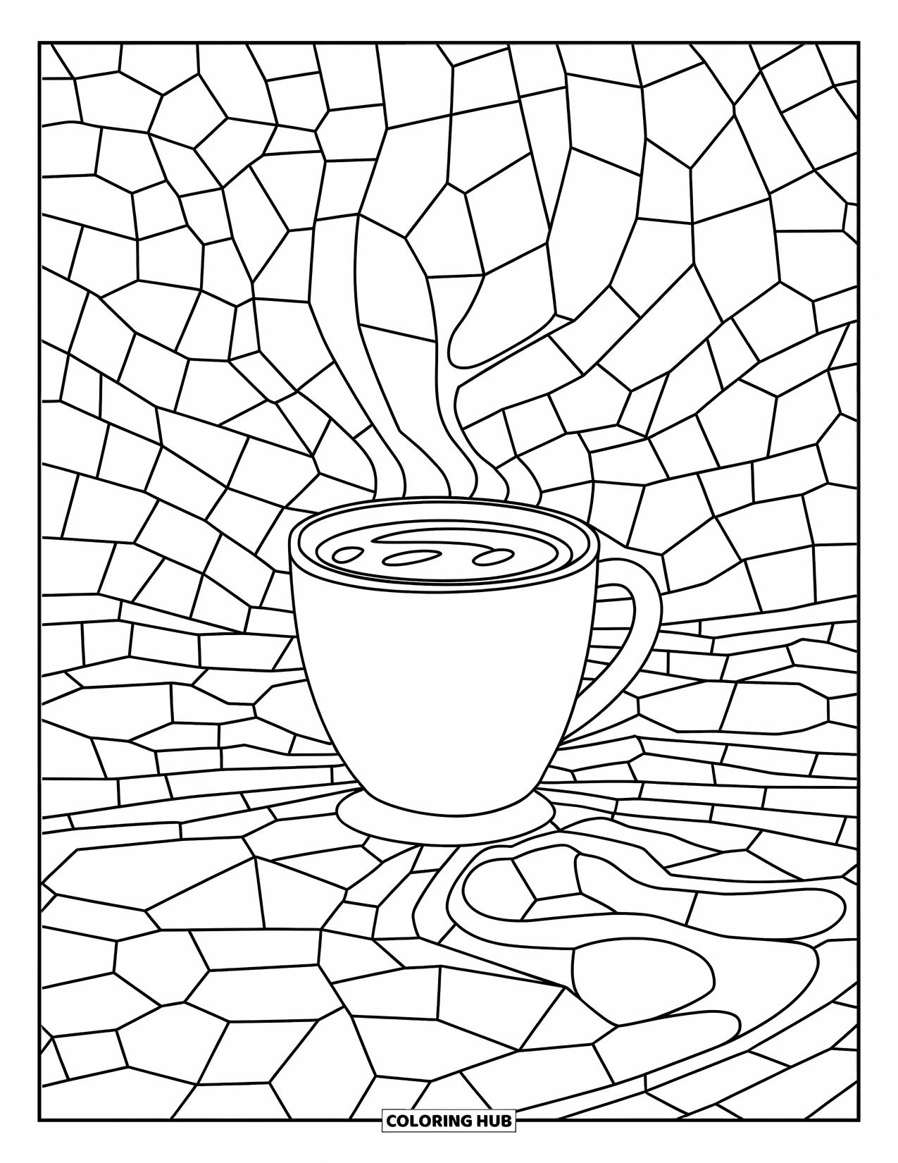 Hot Chocolate Coloring Page for Adults: A cocoa mug surrounded by flowing mosaic lines and intricate patterns
