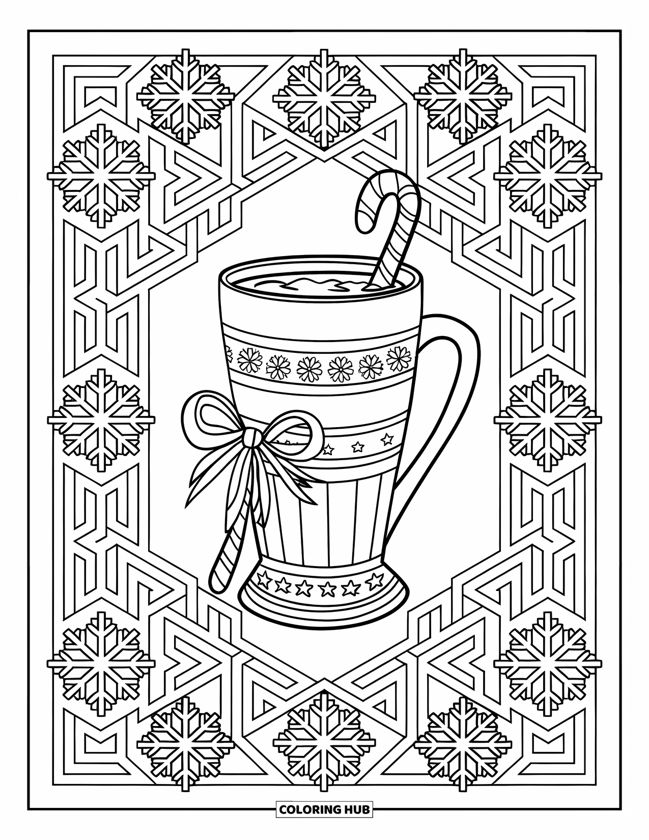 Hot Chocolate Coloring Page for Adults: A cocoa mug with a ribbon and candy cane in a snowflake design