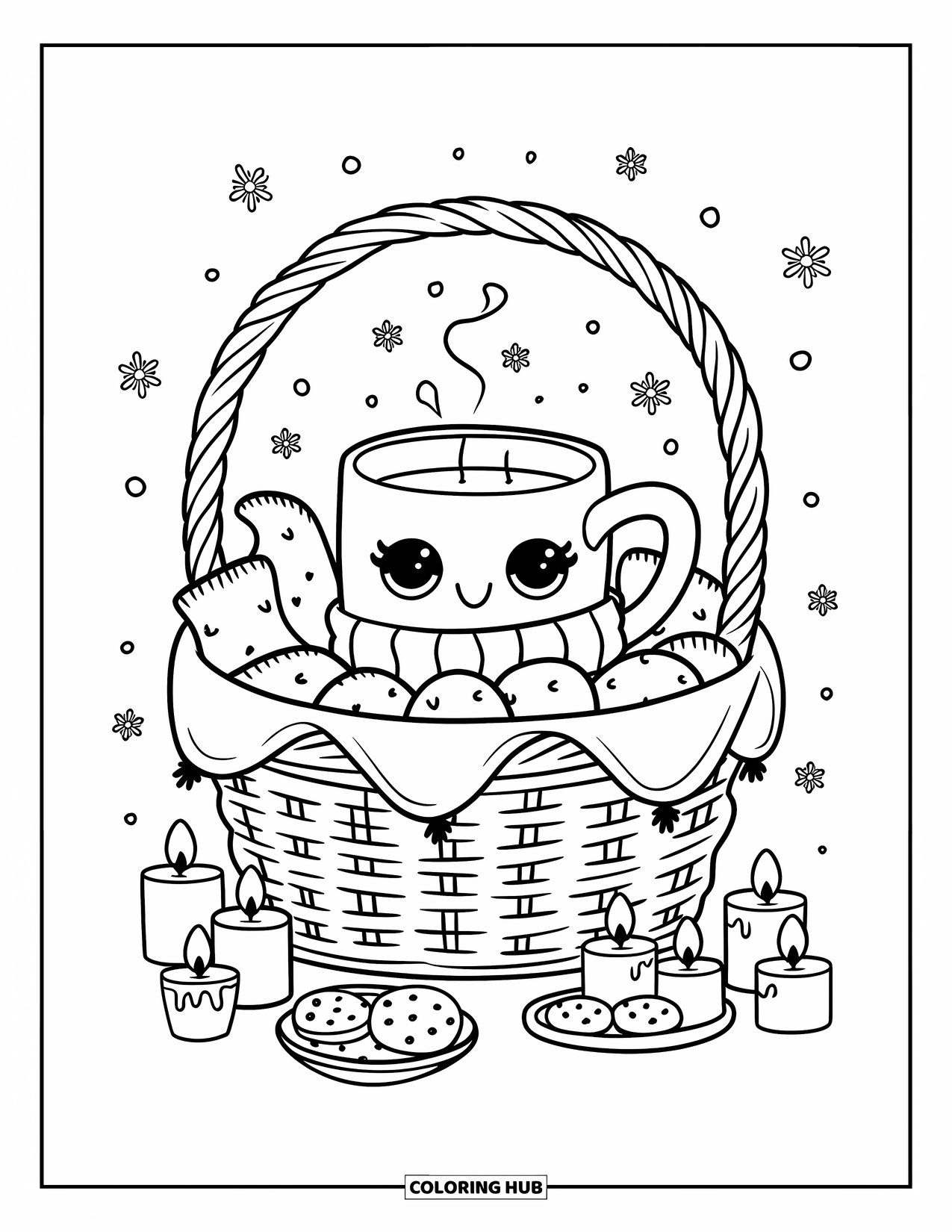 Hot Chocolate Coloring Page for Adults: A cocoa mug with a scarf rests in a basket with blankets and candles