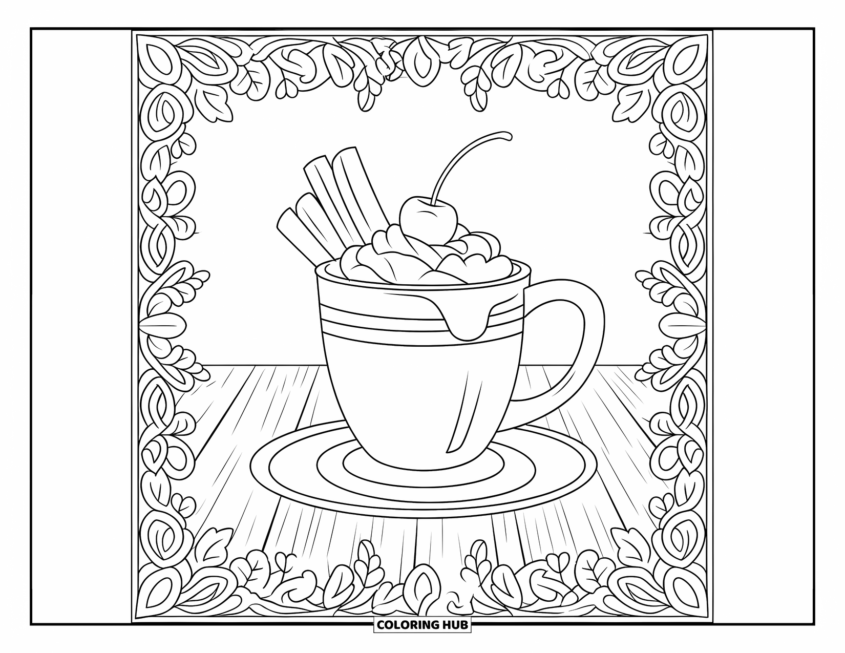 Hot Chocolate Coloring Page for Adults: A cocoa mug with whipped cream and a cherry framed by leaves