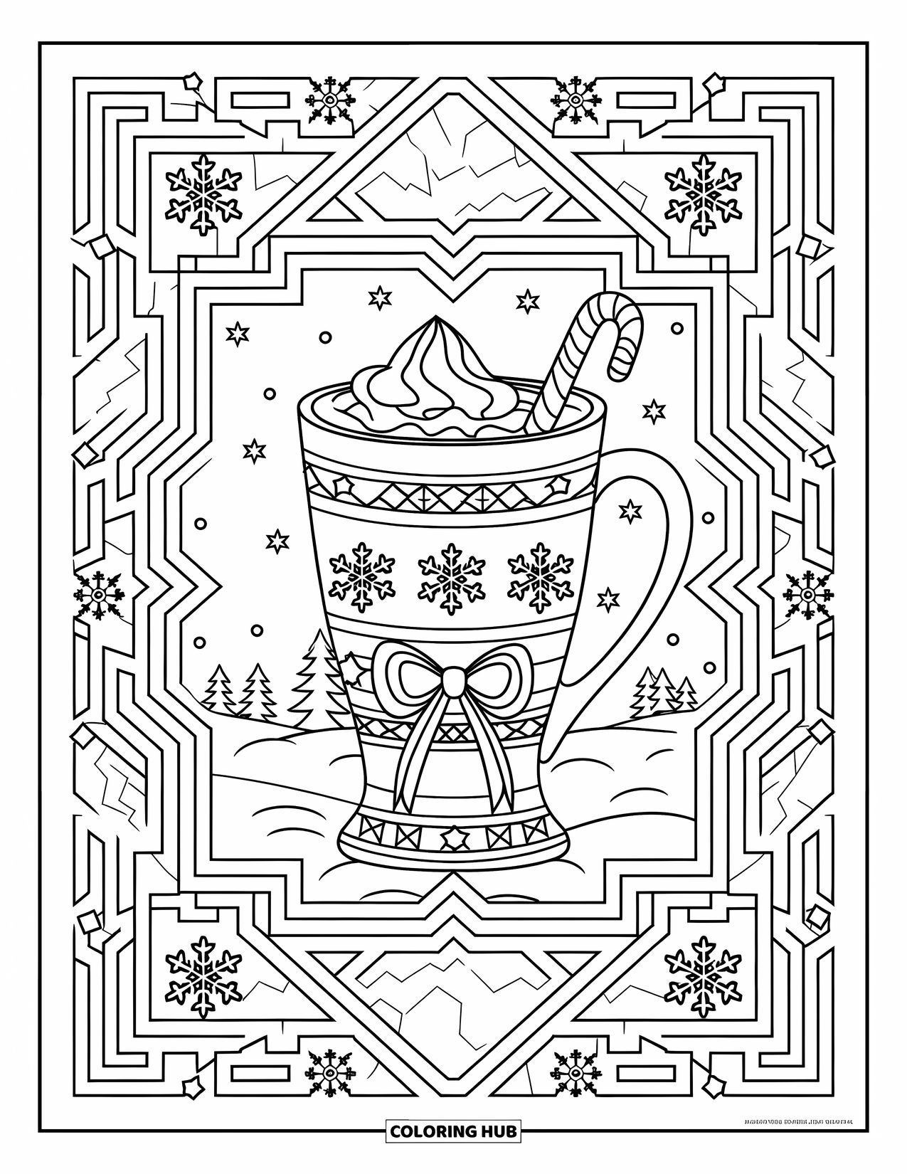 Hot Chocolate Coloring Page for Adults: A decorated cocoa mug with a candy cane amid snowflake patterns