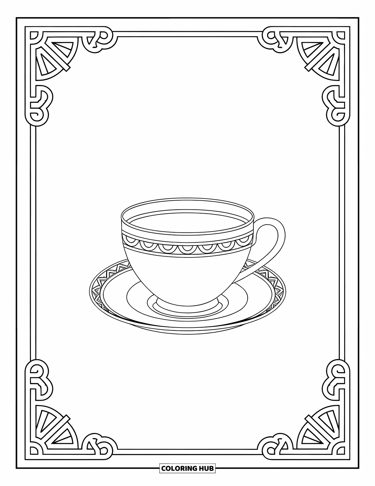 Hot Chocolate Coloring Page for Adults: A graceful cocoa cup on a saucer framed by decorative swirls
