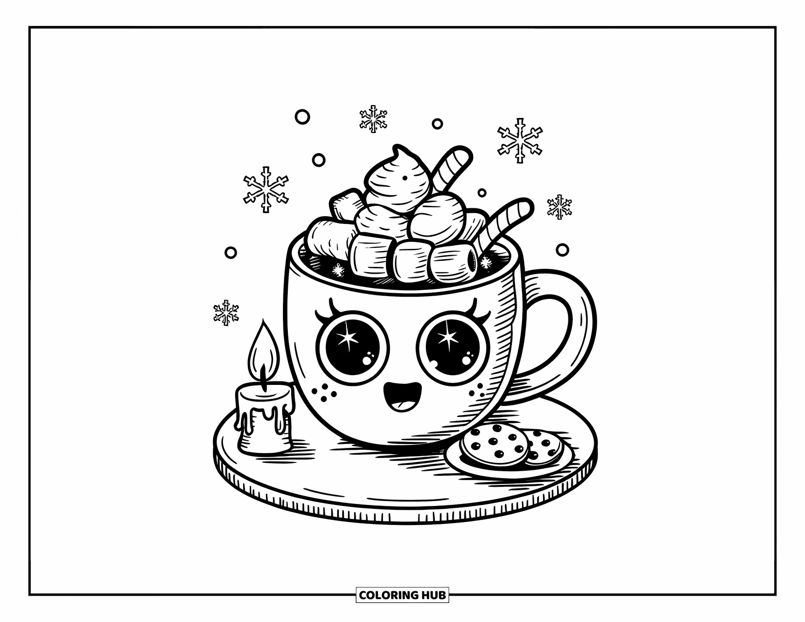 Hot Chocolate Coloring Page for Adults: A kawaii cocoa mug with marshmallows and cream sits beside cookies and a candle