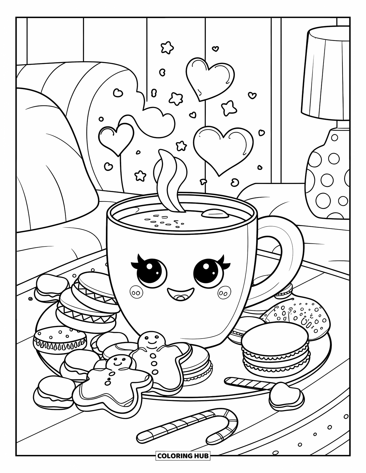 Hot Chocolate Coloring Page for Adults: A smiling cocoa mug with pastries and heart-shaped steam in a cozy room